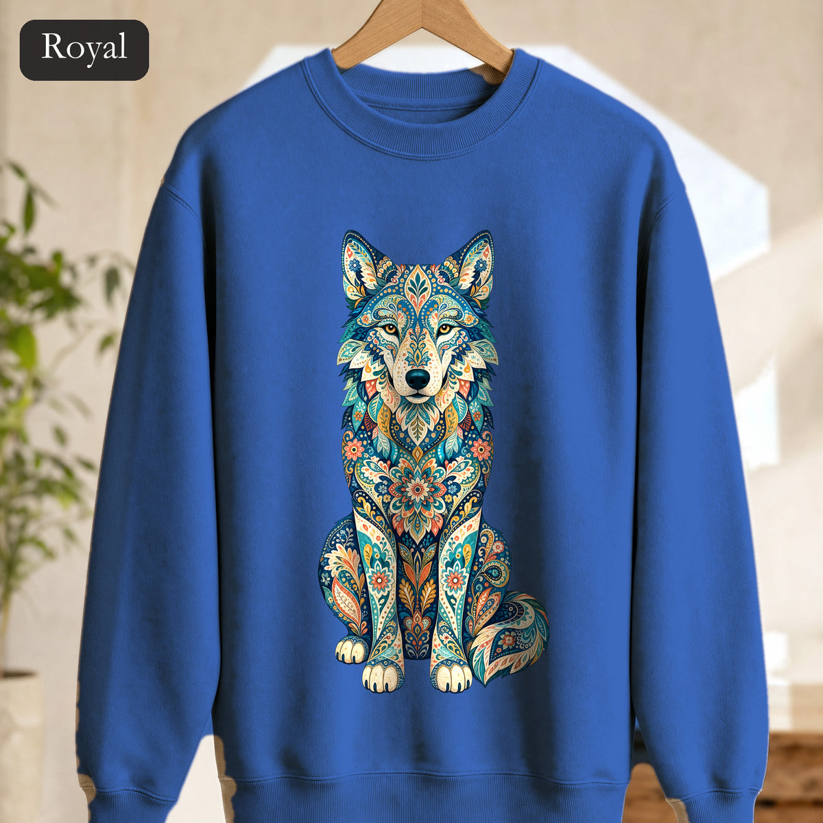 Boho Wolf Shirt, Folk Art Wolf Tee, Japanese Pattern Wolf Lover Gift, Vintage Floral Wolf Sweatshirt