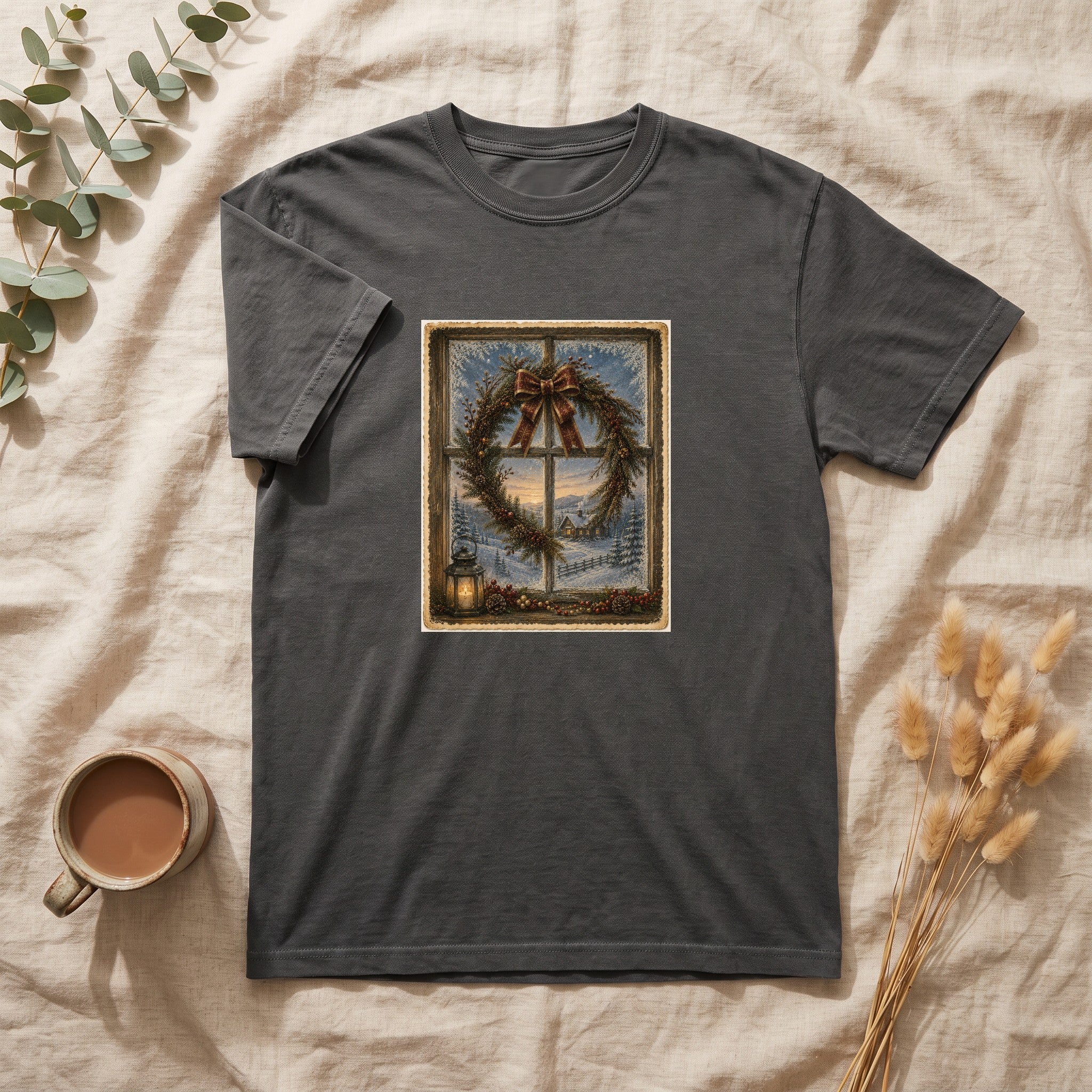 Winter Wreath Window Scene Shirt | Vintage Holiday Postcard