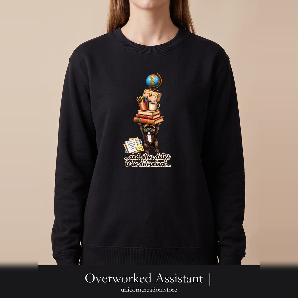 Overworked Assistant | Sweatshirt, stacked books globe reading design
