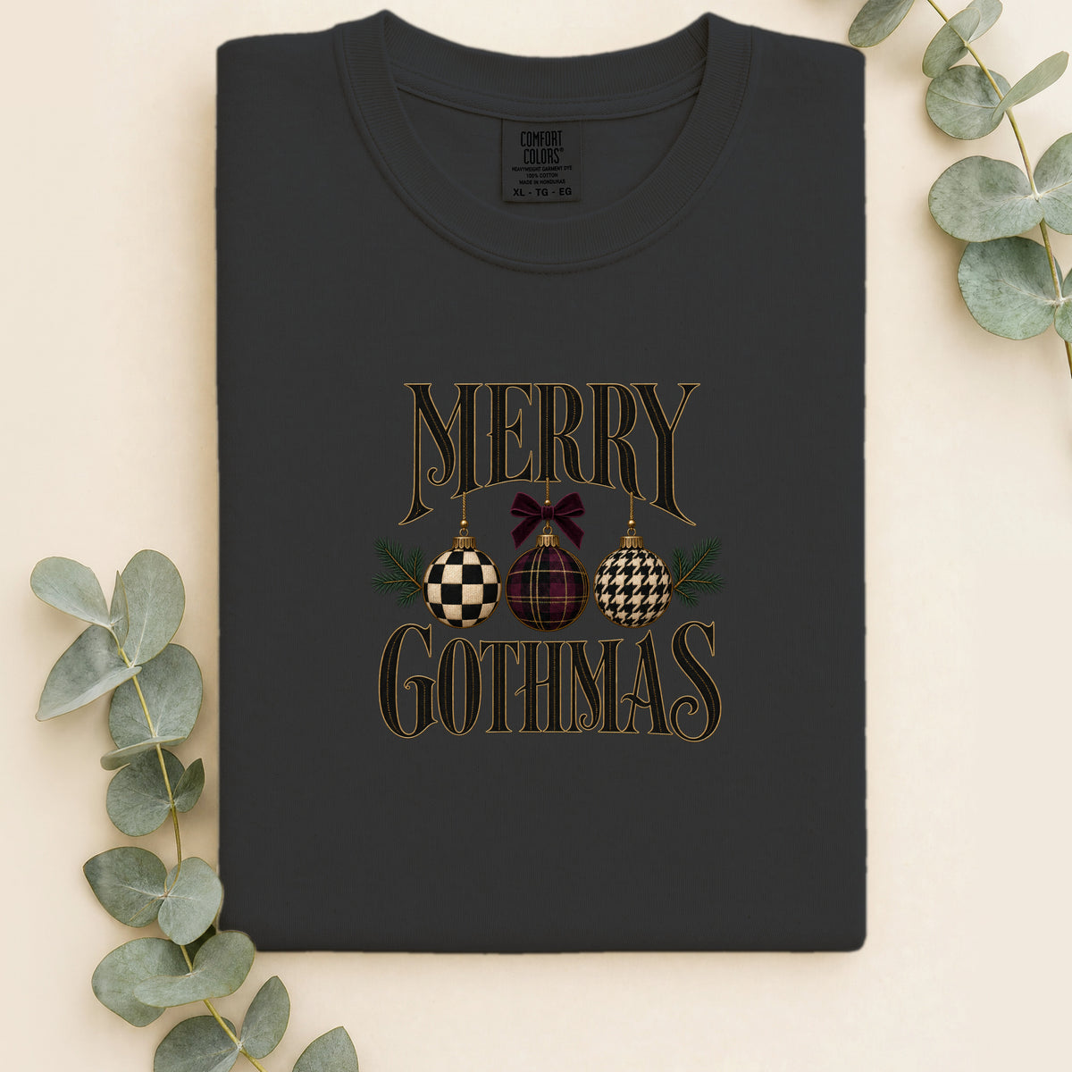 Merry Gothmas Christmas Ornament Design Shirt | Faux Embroidery