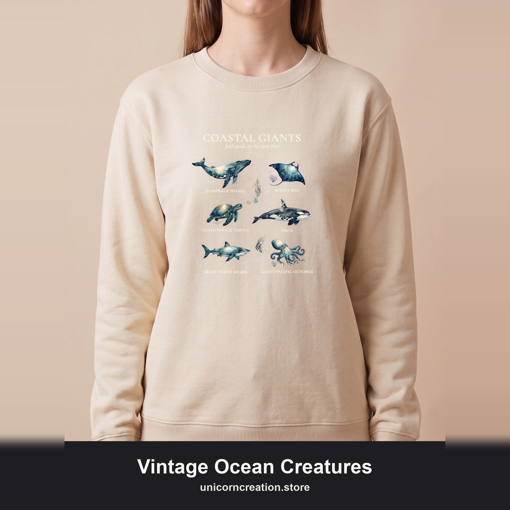 Vintage Ocean Creatures Sweatshirt, Marine Life Field Guide Crewneck, Whale Octopus Sea Turtle Ocean Lover Gift