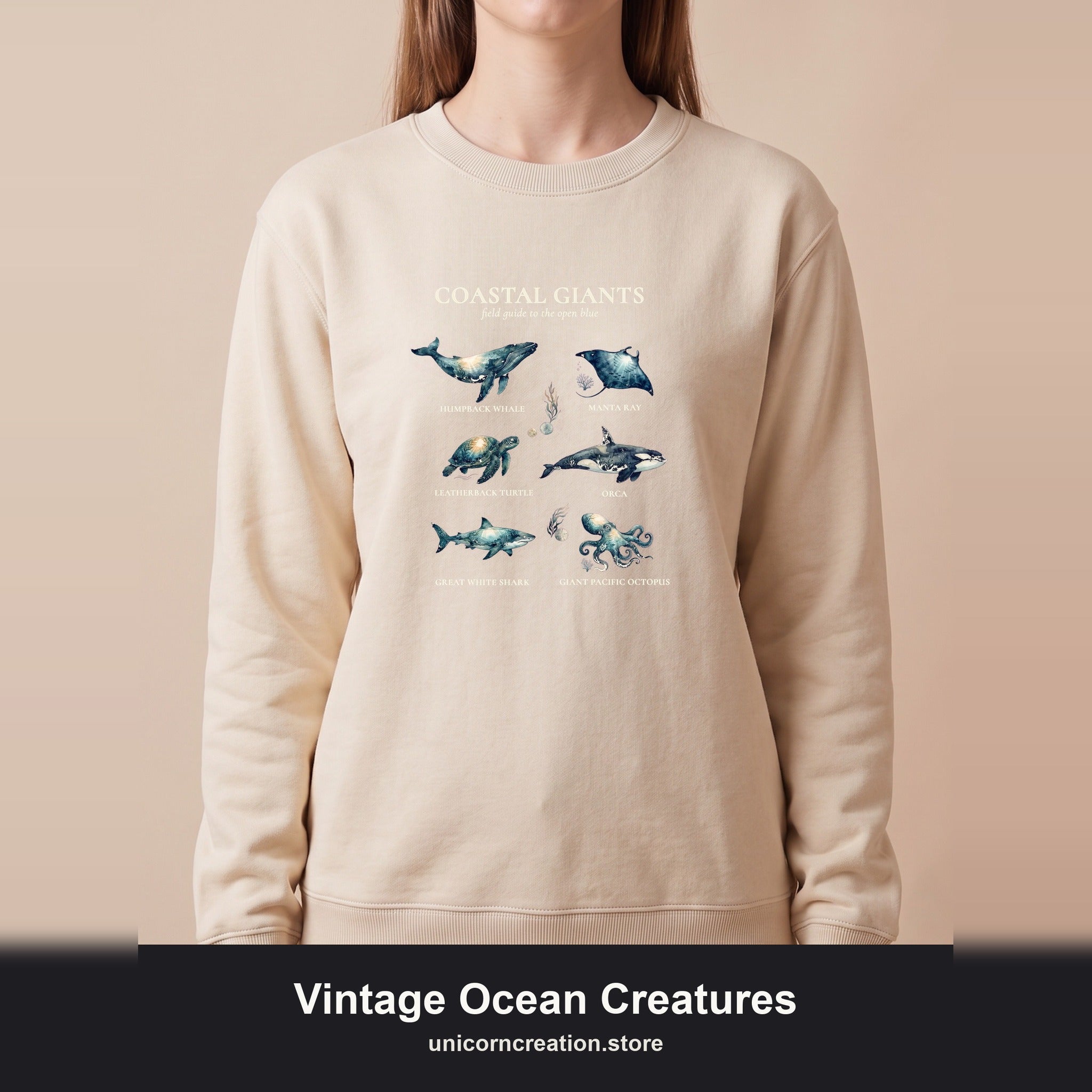 Vintage Ocean Creatures Sweatshirt, Marine Life Field Guide Crewneck, Whale Octopus Sea Turtle Ocean Lover Gift