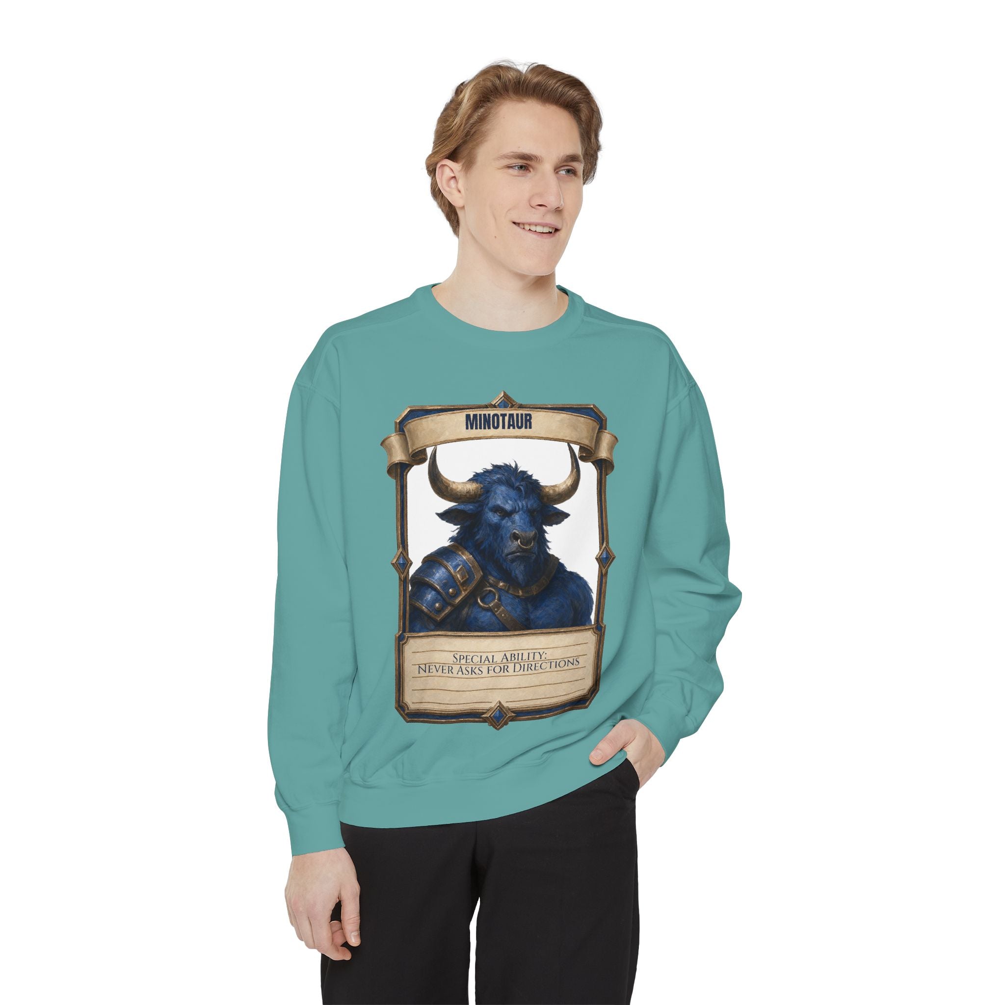 Minotaur Never Asks for Directions Shirt, Funny RPG Stat Card Tee, Tabletop Gamer D20 Gift, Fantasy Dungeon Sweatshirt