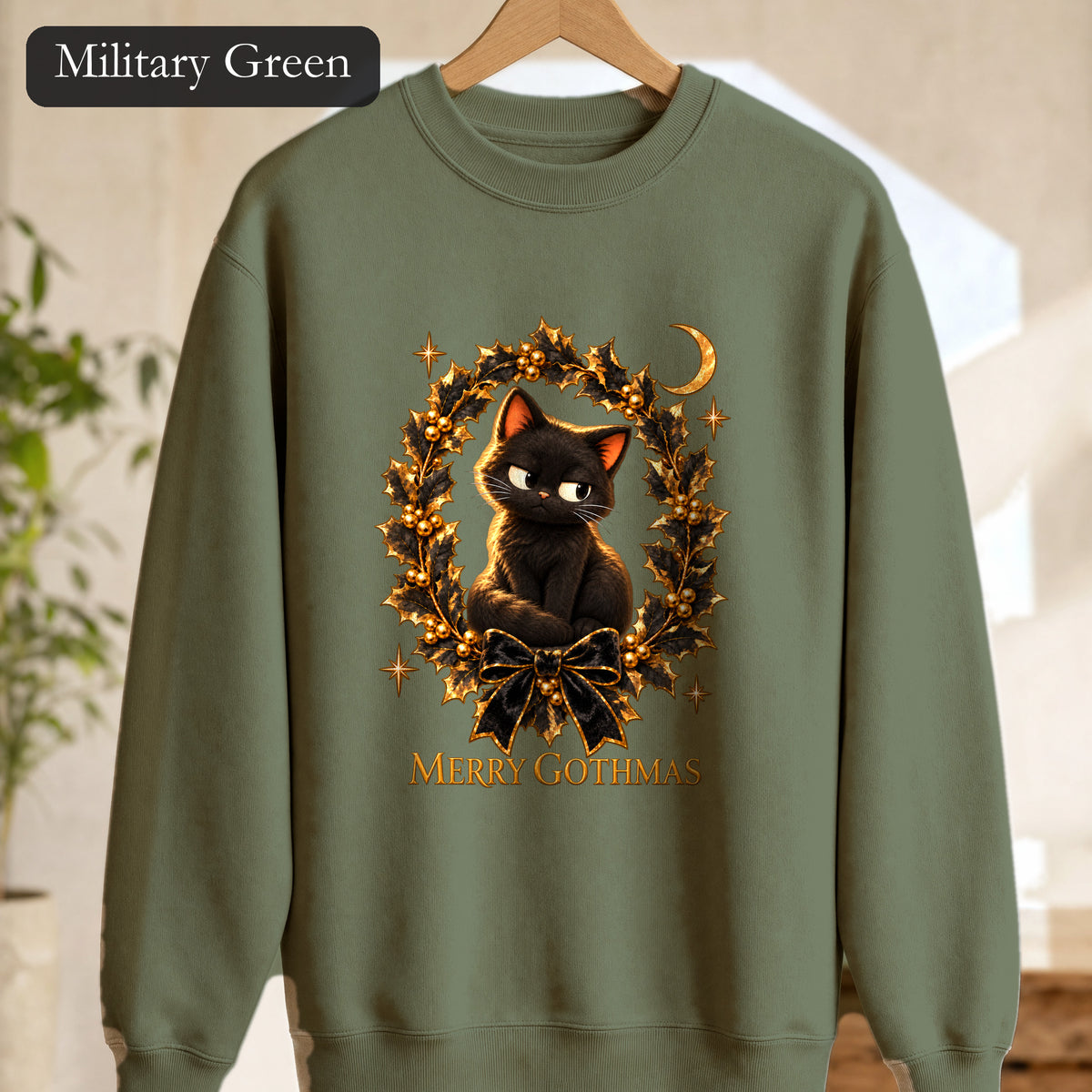 Merry Gothmas Black Cat Sweatshirt | Gothic Christmas Holly Wreath and Crescent Moon, Spooky Cat Lover Holiday Gift
