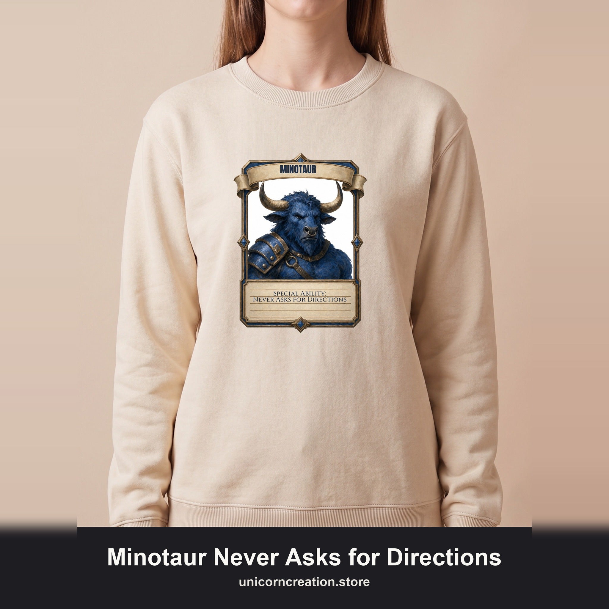Minotaur Never Asks for Directions Shirt, Funny RPG Stat Card Tee, Tabletop Gamer D20 Gift, Fantasy Dungeon Sweatshirt