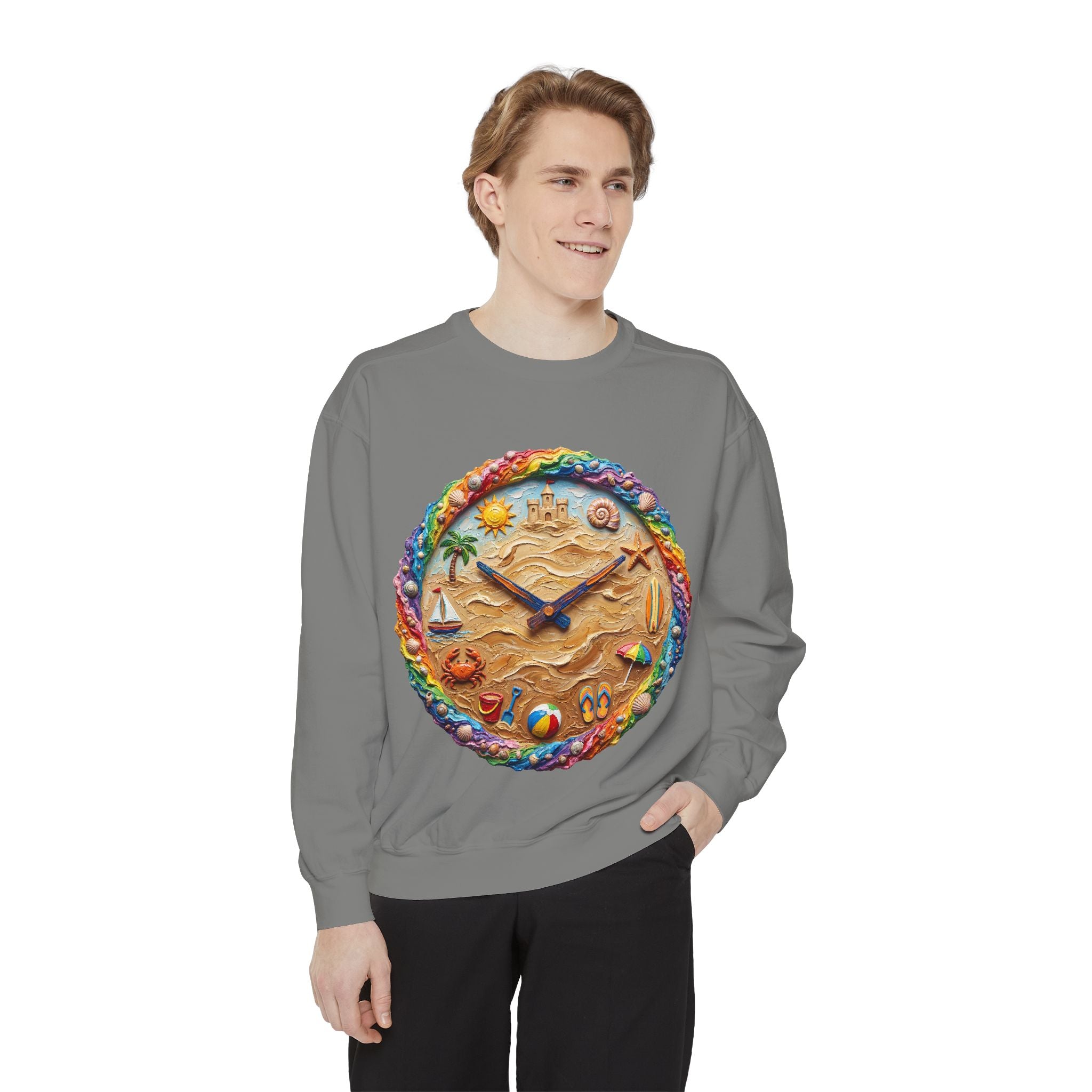 Beach Clock Shirt, Dreamy Coastal Art Tee, Surreal Beach Lover Gift, Summer Ocean Sweatshirt