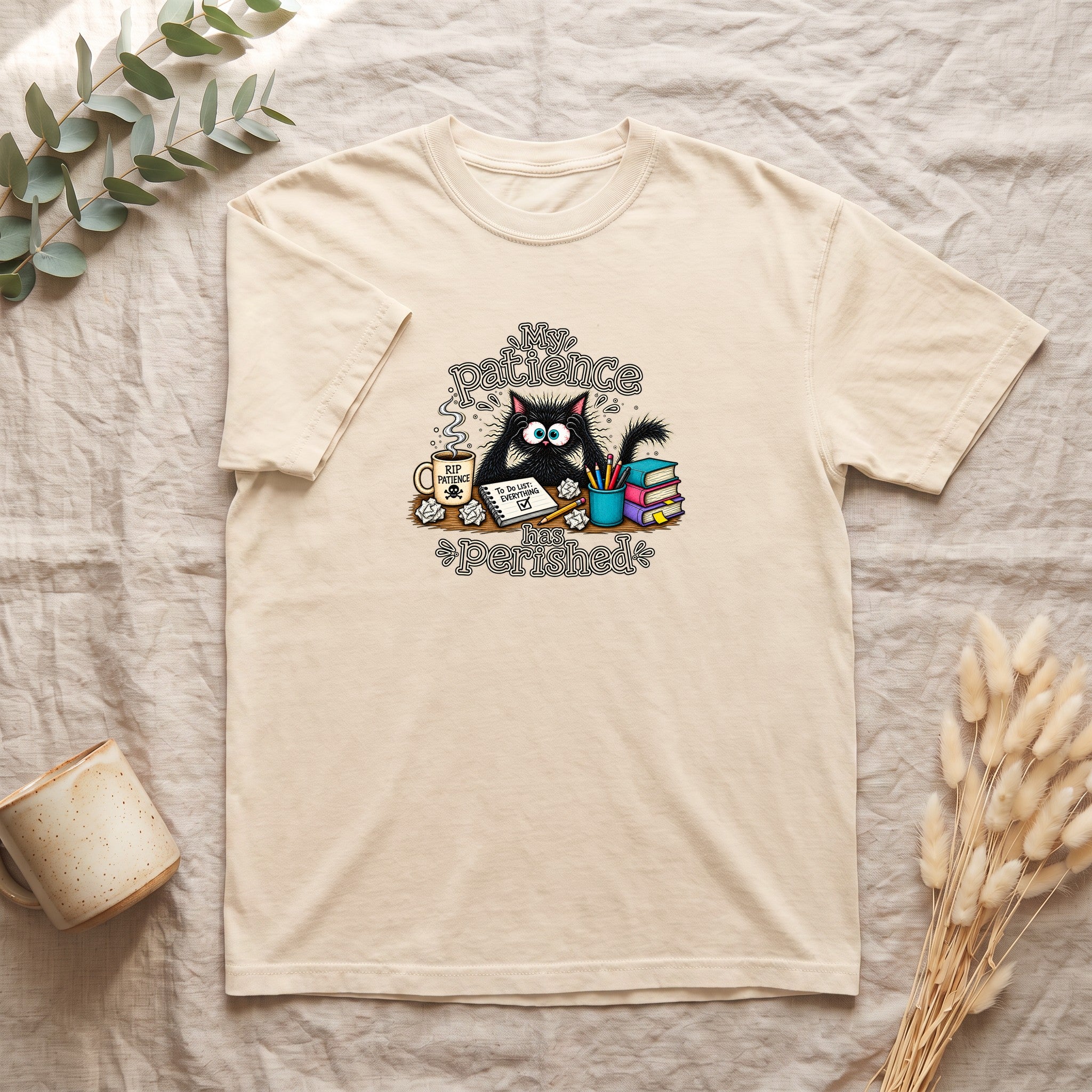 My Patience Has Perished cat shirt | Cute grumpy cat illustration, coffee and books