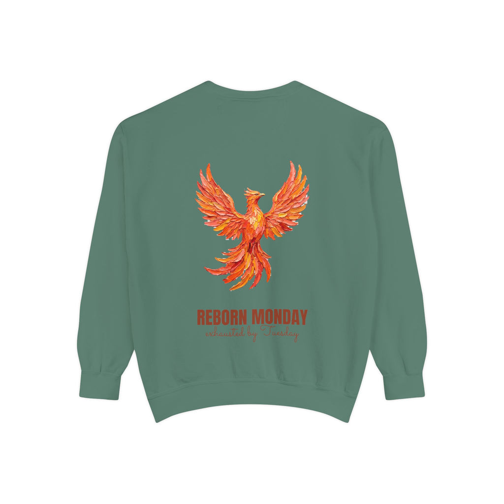 Reborn Monday Exhausted by Tuesday Shirt, Funny Phoenix Tee, Work Week Humor Gift, Painterly Fantasy Sweatshirt
