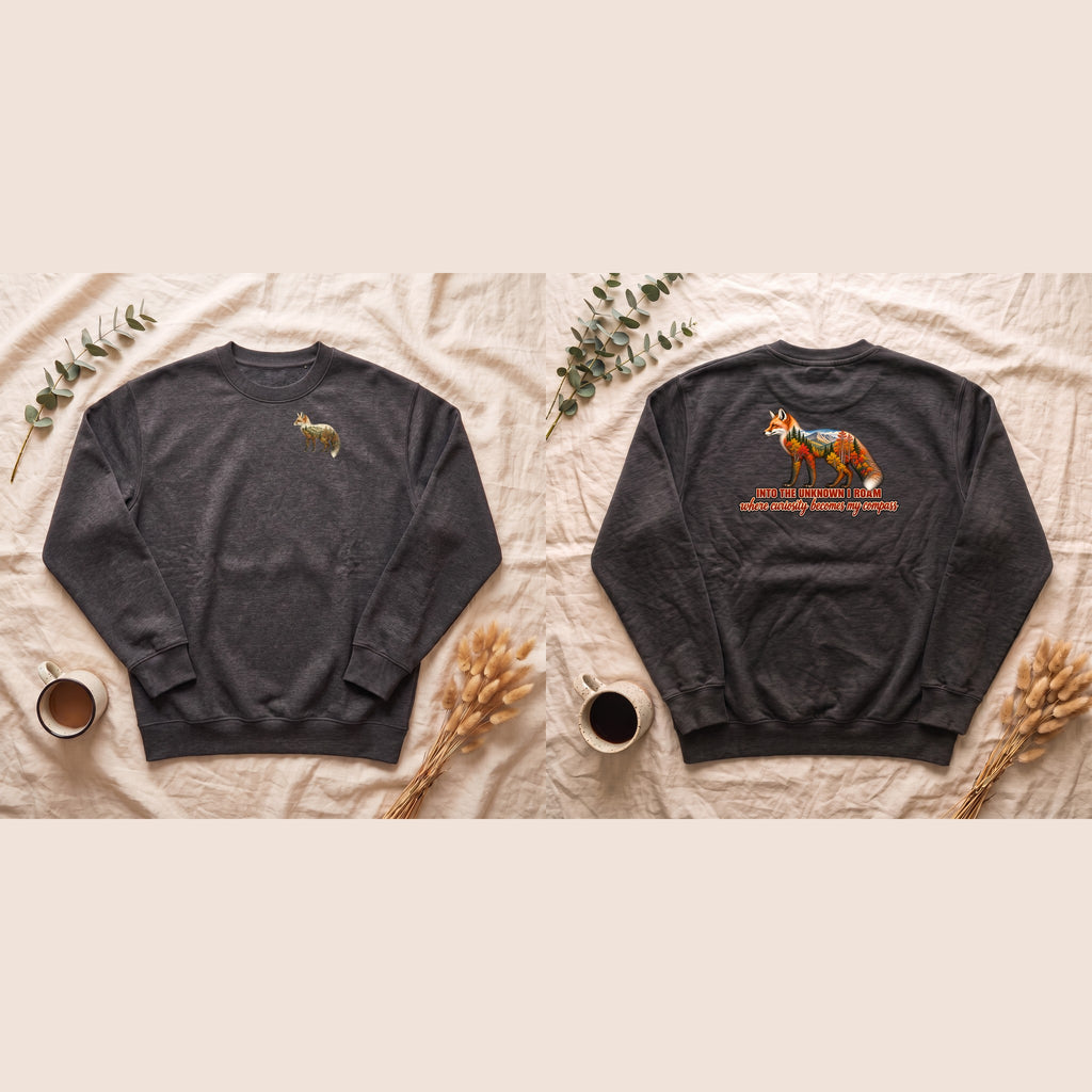 Into the Unknown I Roam Shirt, Fox Double Exposure Tee, Woodland Wanderlust Adventure Gift, Nature Hiking Sweatshirt