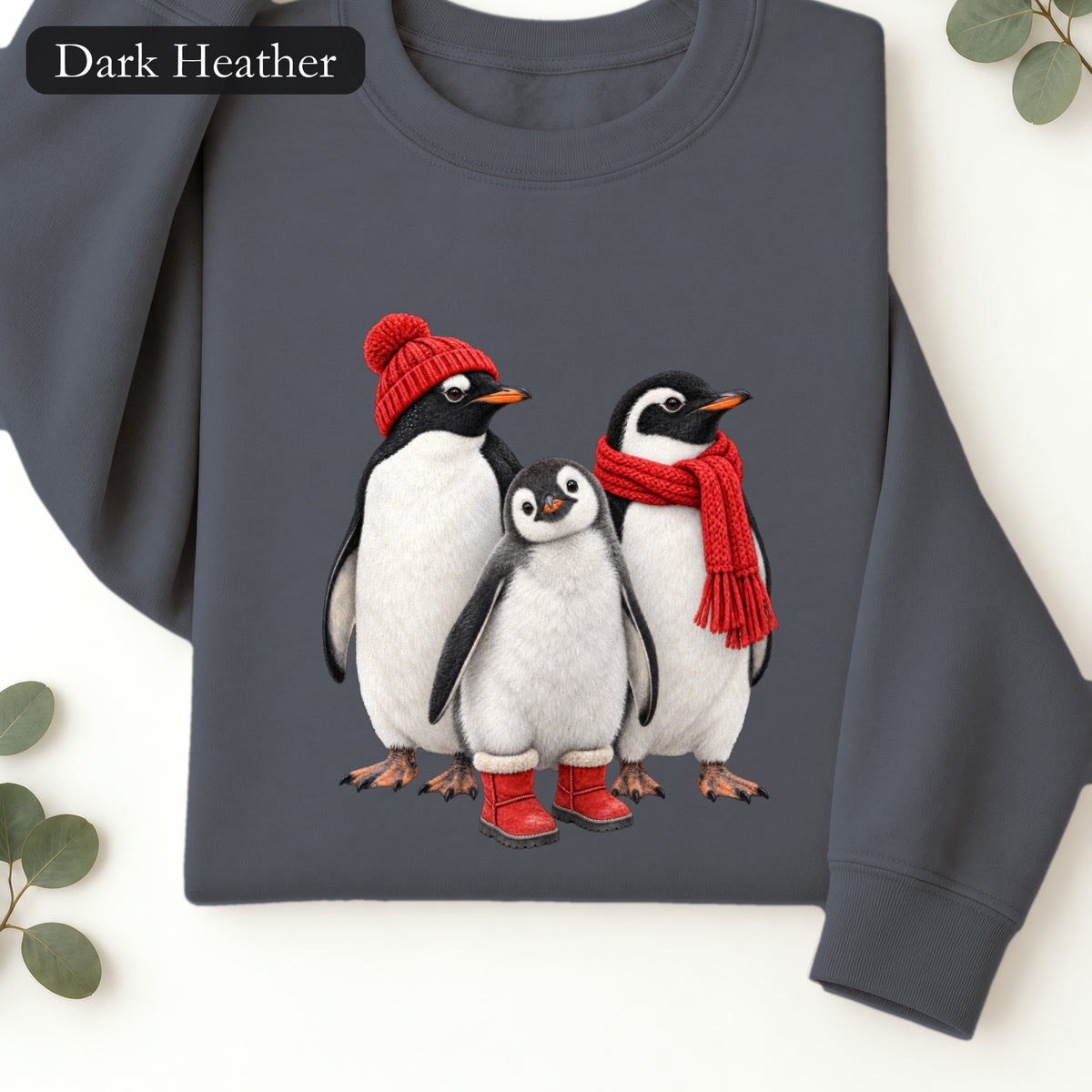 Cozy Penguin Family crewneck sweatshirt | penguin trio with hats and scarf