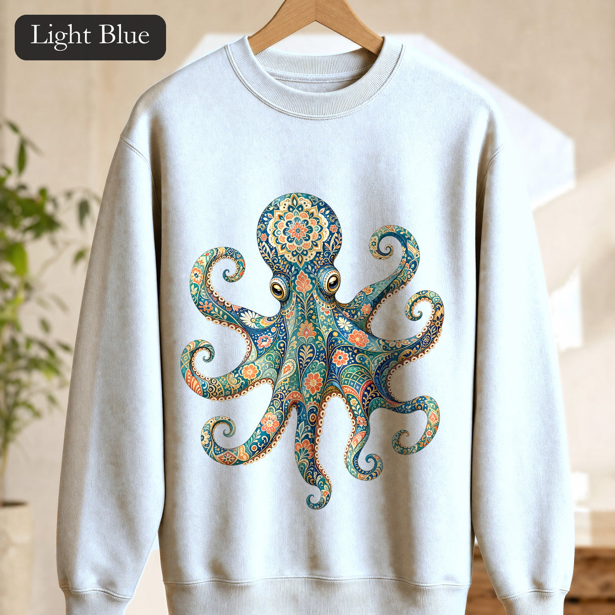 Boho Octopus Shirt, Folk Art Octopus Tee, Japanese Pattern Ocean Lover Gift, Vintage Floral Octopus Sweatshirt