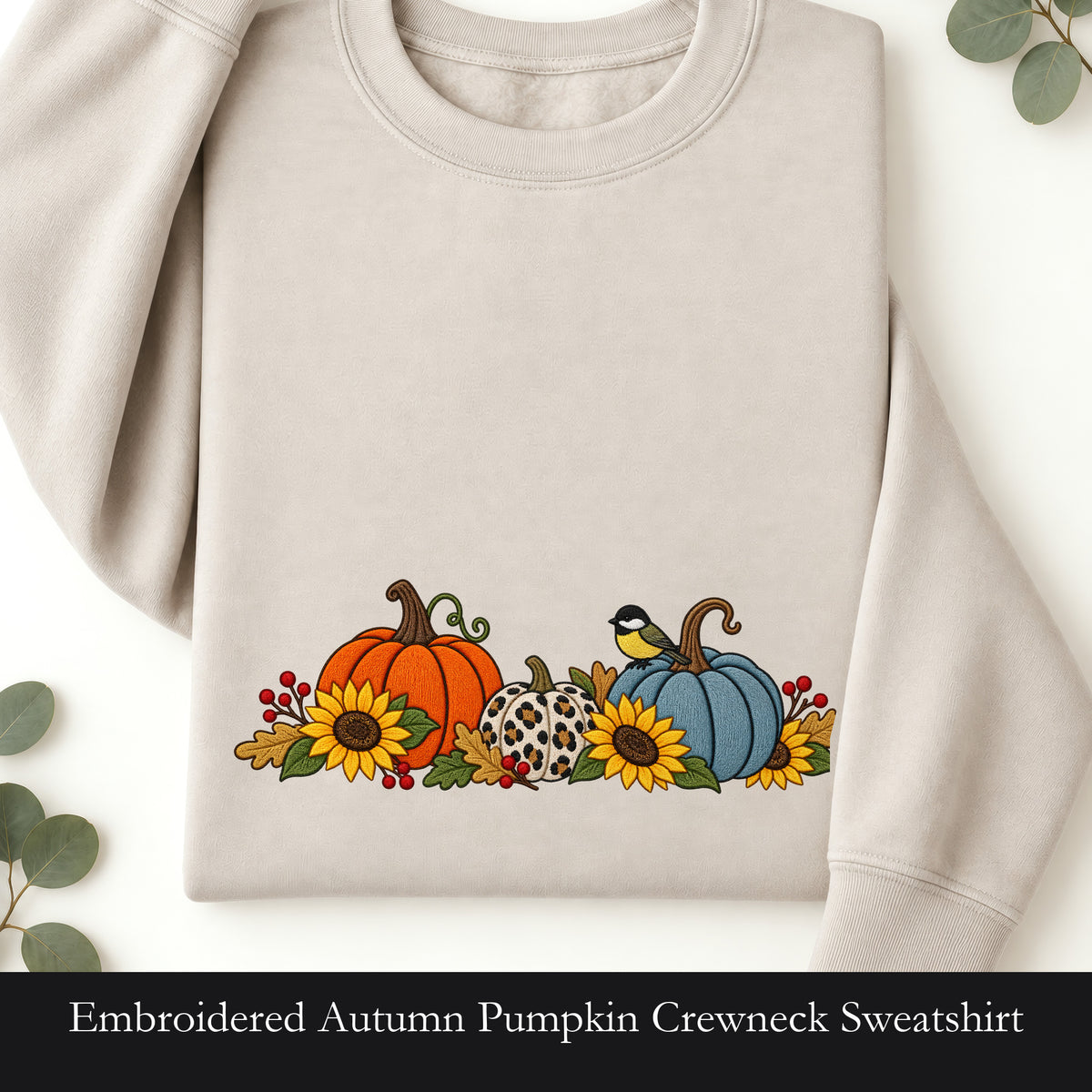 Embroidered Autumn Pumpkin Crewneck Sweatshirt | Sunflowers and Harvest Birds, Fall Foliage, Cozy Thanksgiving Gift