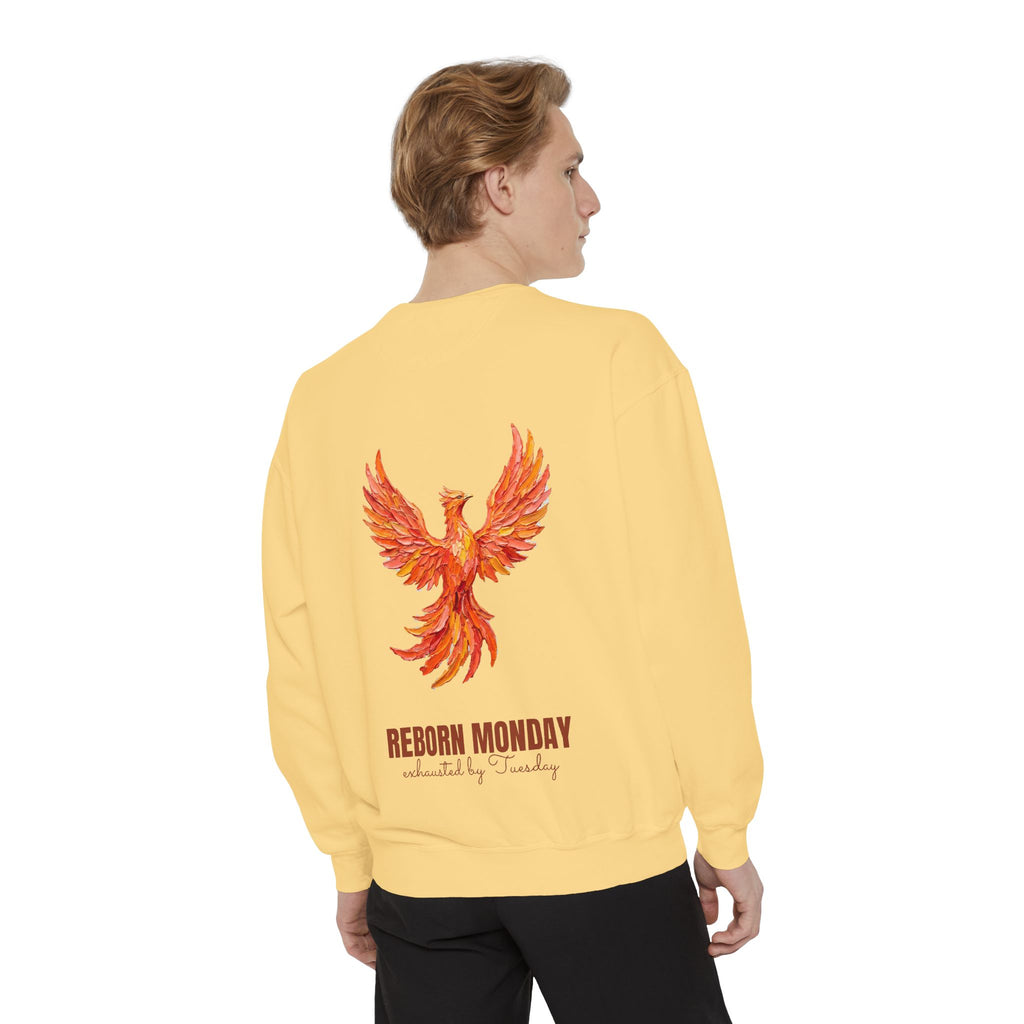 Reborn Monday Exhausted by Tuesday Shirt, Funny Phoenix Tee, Work Week Humor Gift, Painterly Fantasy Sweatshirt