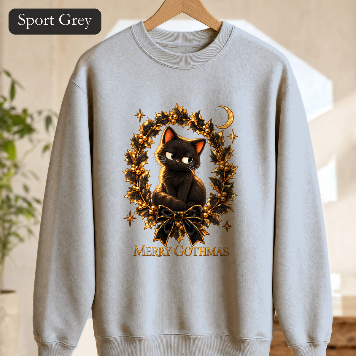 Merry Gothmas Black Cat Sweatshirt | Gothic Christmas Holly Wreath and Crescent Moon, Spooky Cat Lover Holiday Gift