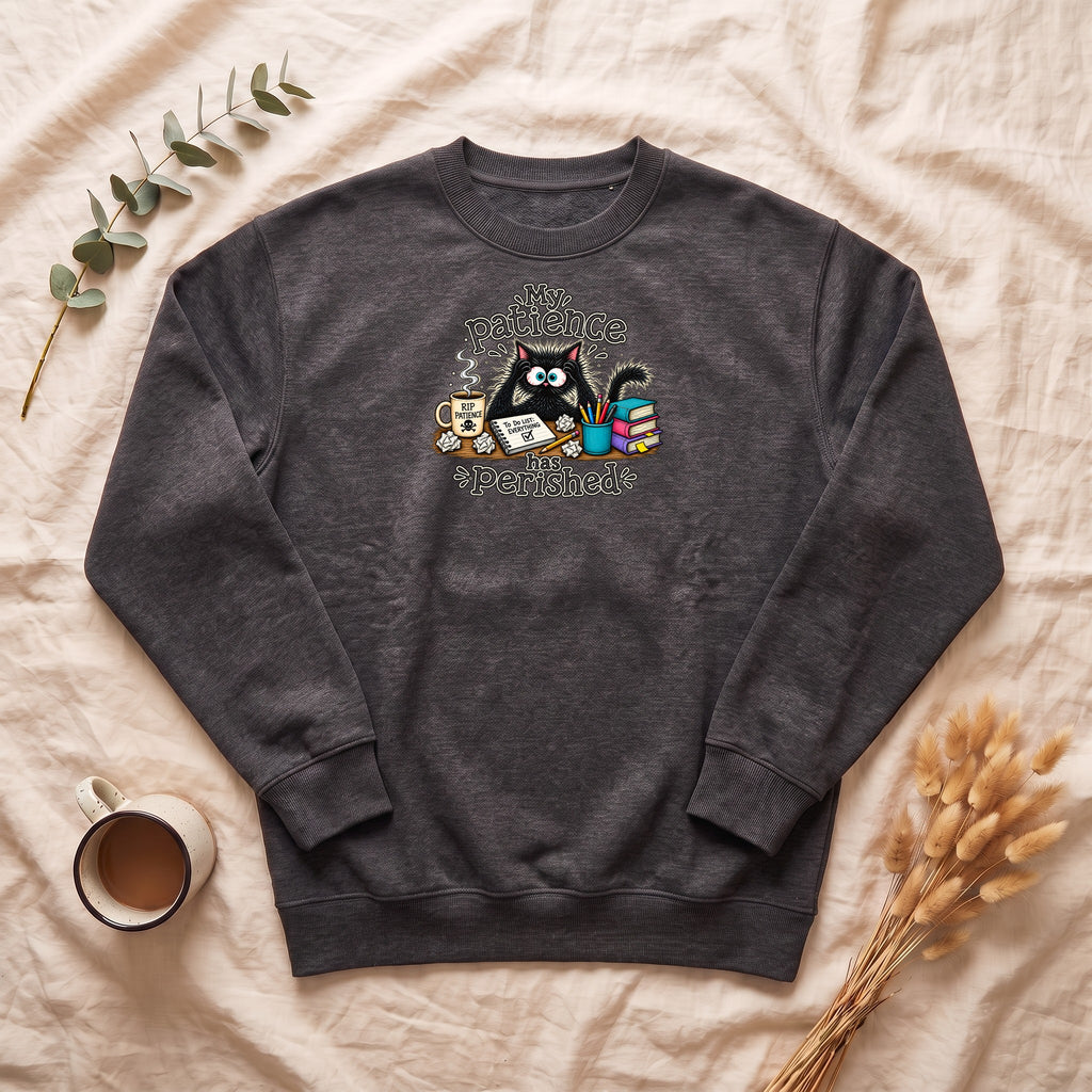 My Patience Has Perished cat crewneck sweatshirt | Cute grumpy cat illustration, coffee and books