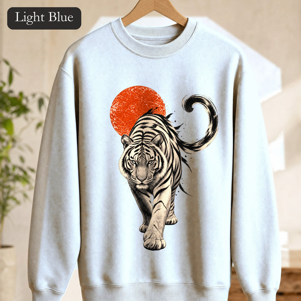 White Tiger with Red Sun Sweatshirt, Japanese Woodblock Tiger Crewneck, Red Sun Graphic Gift, Asian Art Sweatshirt
