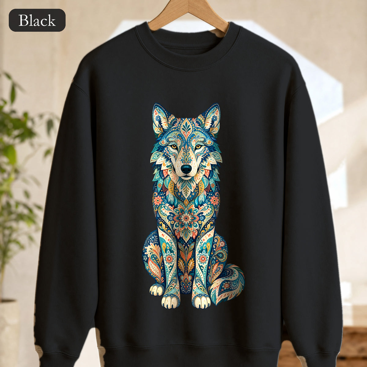 Boho Wolf Shirt, Folk Art Wolf Tee, Japanese Pattern Wolf Lover Gift, Vintage Floral Wolf Sweatshirt