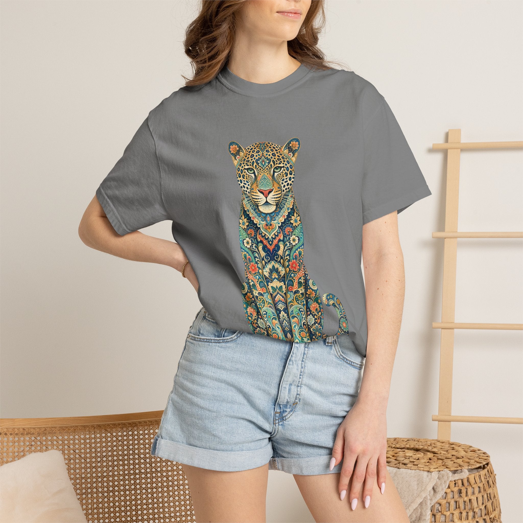 Boho Leopard Shirt, Folk Art Leopard Tee, Japanese Pattern Big Cat Lover Gift, Vintage Floral Leopard Sweatshirt