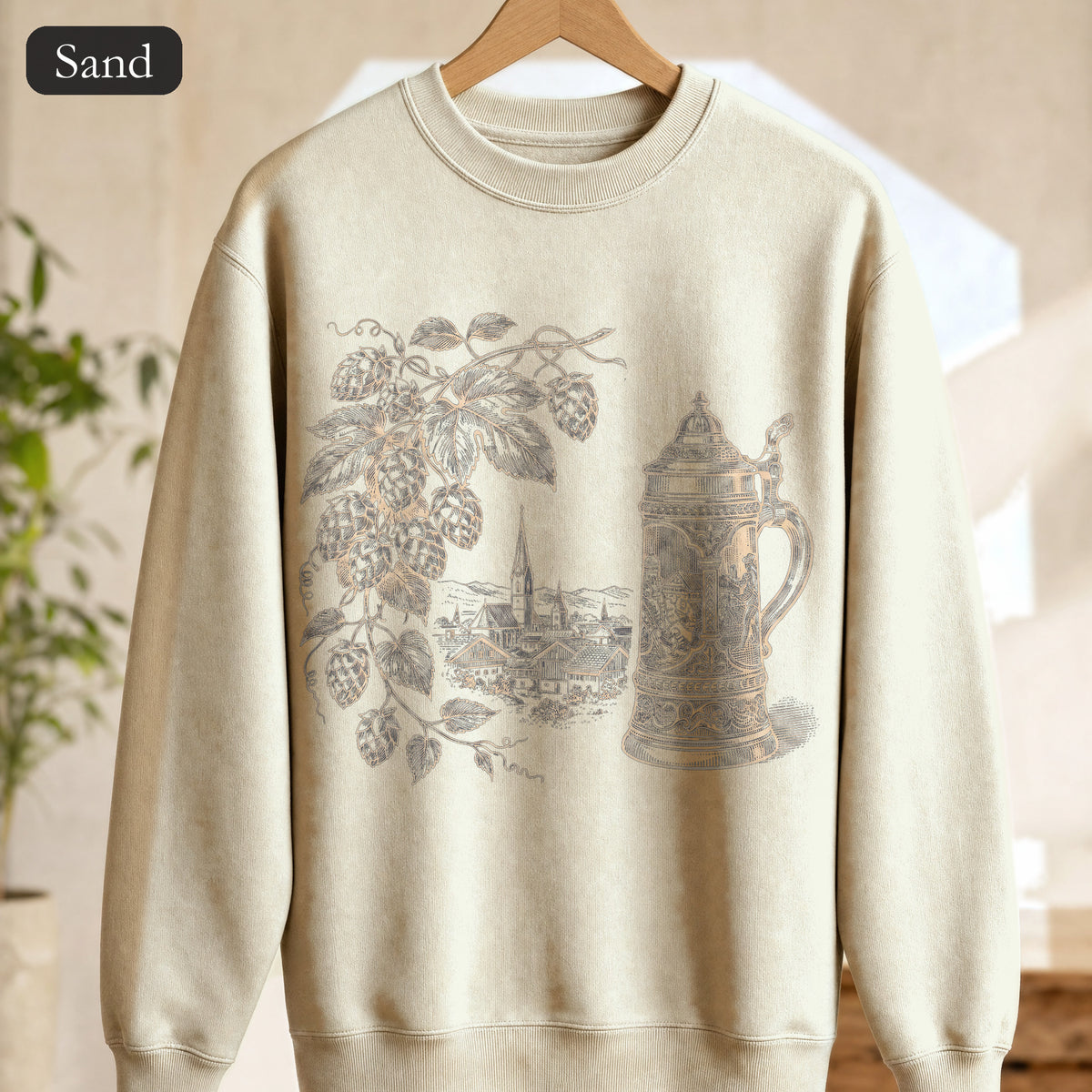 Vintage Beer Stein Illustration Sweatshirt | Hops Vine Scenic Design