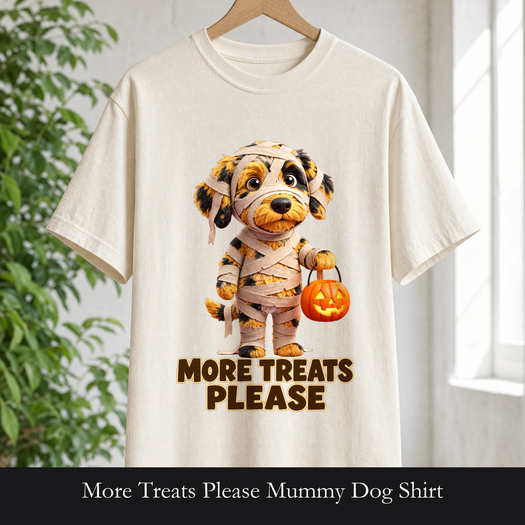 More Treats Please Mummy Dog Shirt, Funny Halloween Dog Tee, Cute Trick or Treat Tee, Dog Mom Halloween Gift