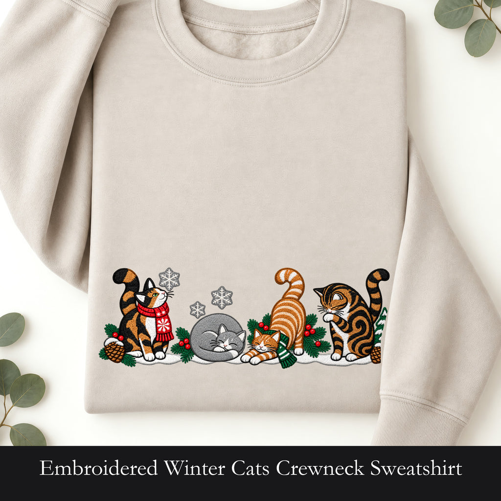 Embroidered Winter Cats Crewneck Sweatshirt | Cozy Christmas Cat Lineup in Scarves, Cat Lover Holiday Gift