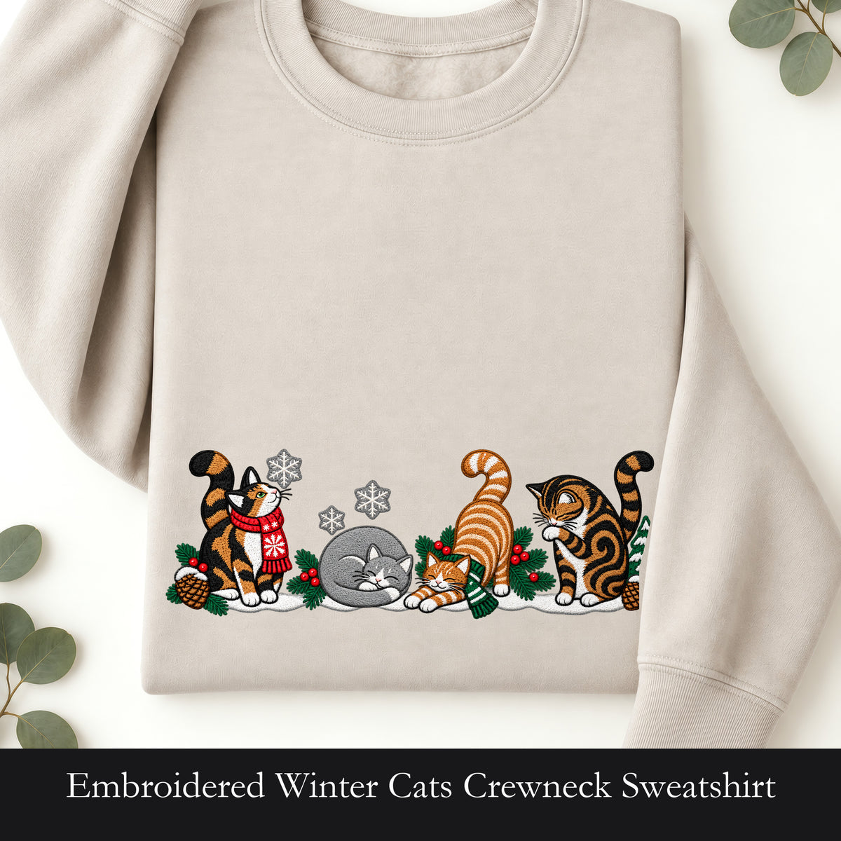 Embroidered Winter Cats Crewneck Sweatshirt | Cozy Christmas Cat Lineup in Scarves, Cat Lover Holiday Gift
