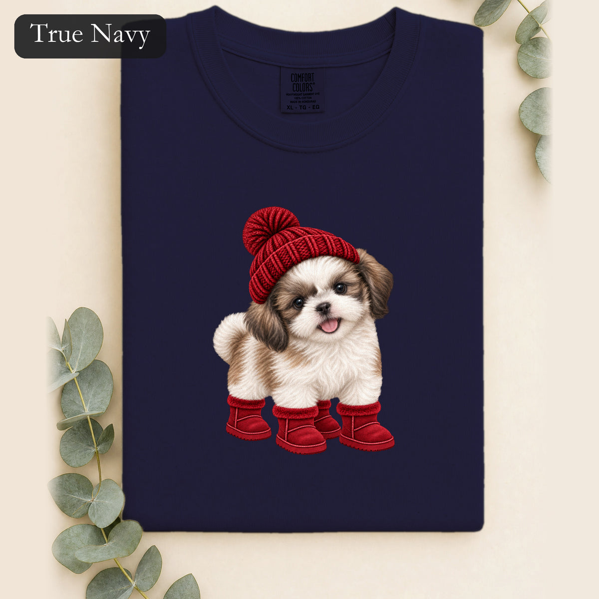 Shih Tzu Puppy in Red Beanie & Boots Shirt | Cute Dog Tee