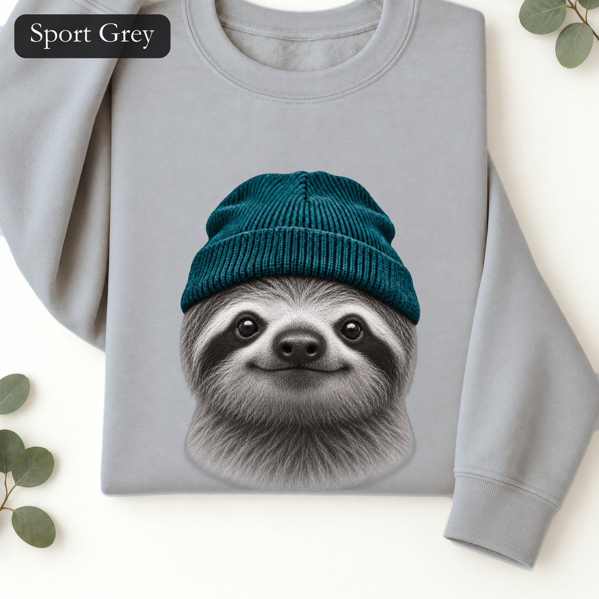 Sloth Wearing Knit Beanie | Cozy Winter Animal Crewneck