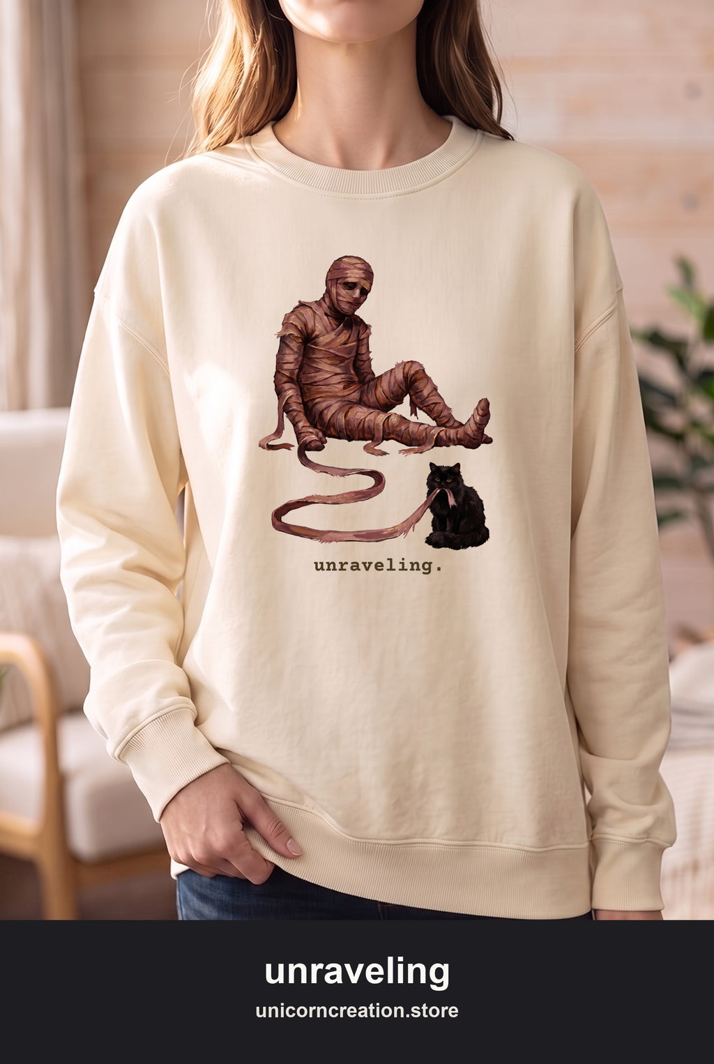 Unraveling Mummy & Cat Sweatshirt, Funny Halloween Mummy Crewneck, Cozy Deadpan Spooky Sweatshirt, Black Cat Lover Gift
