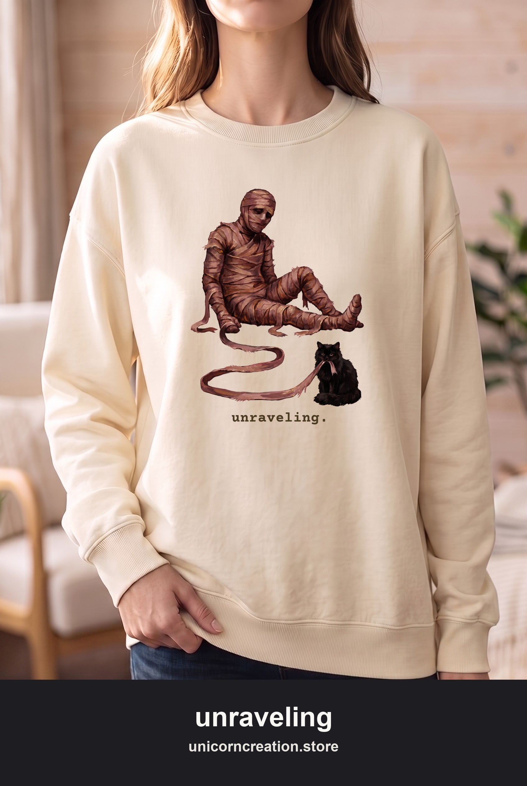 Unraveling Mummy & Cat Sweatshirt, Funny Halloween Mummy Crewneck, Cozy Deadpan Spooky Sweatshirt, Black Cat Lover Gift