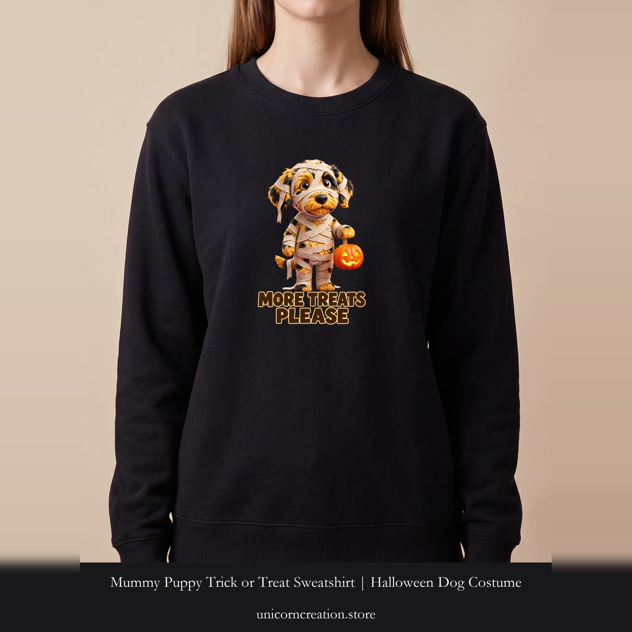 Mummy Puppy Trick or Treat Sweatshirt | Halloween Dog Costume, More Treats Please