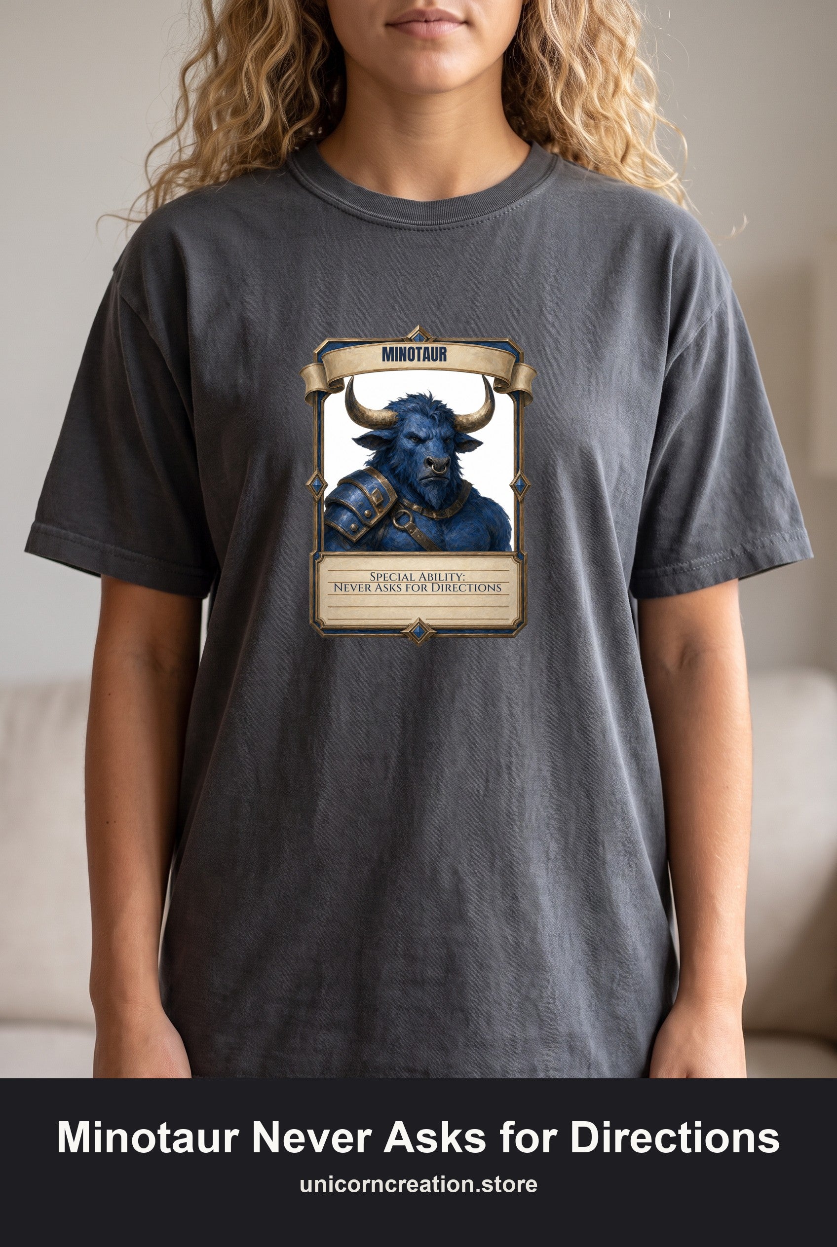 Minotaur Never Asks for Directions Shirt, Funny RPG Stat Card Tee, Tabletop Gamer D20 Gift, Fantasy Dungeon Sweatshirt