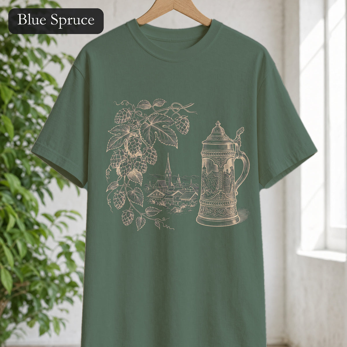 Vintage Beer Stein Illustration Shirt | Hops Vine Scenic Design