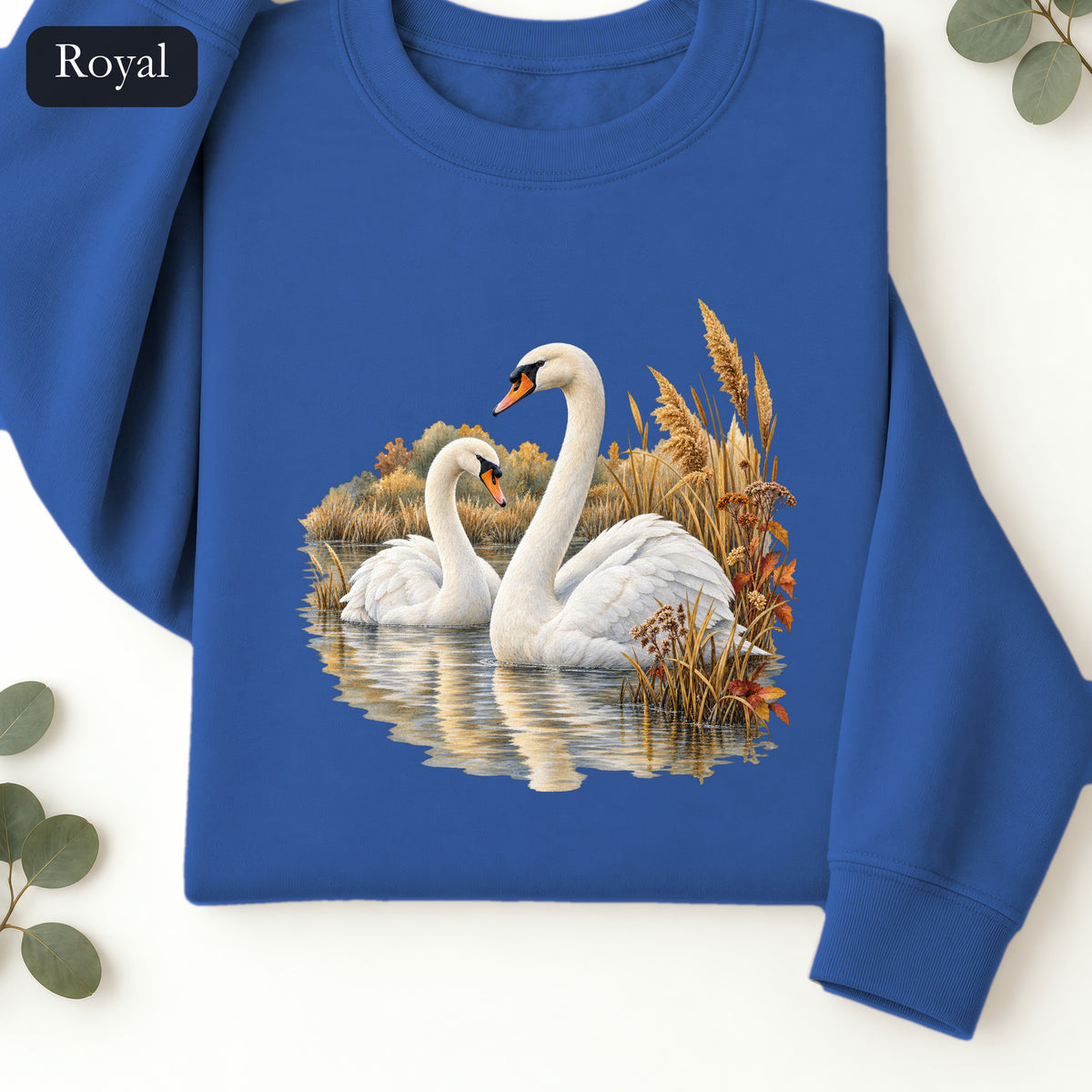 Swan Pair Crewneck Sweatshirt | White Swans Pond Illustration