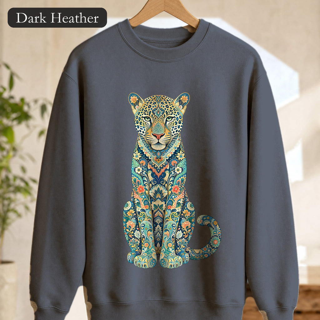 Boho Leopard Shirt, Folk Art Leopard Tee, Japanese Pattern Big Cat Lover Gift, Vintage Floral Leopard Sweatshirt