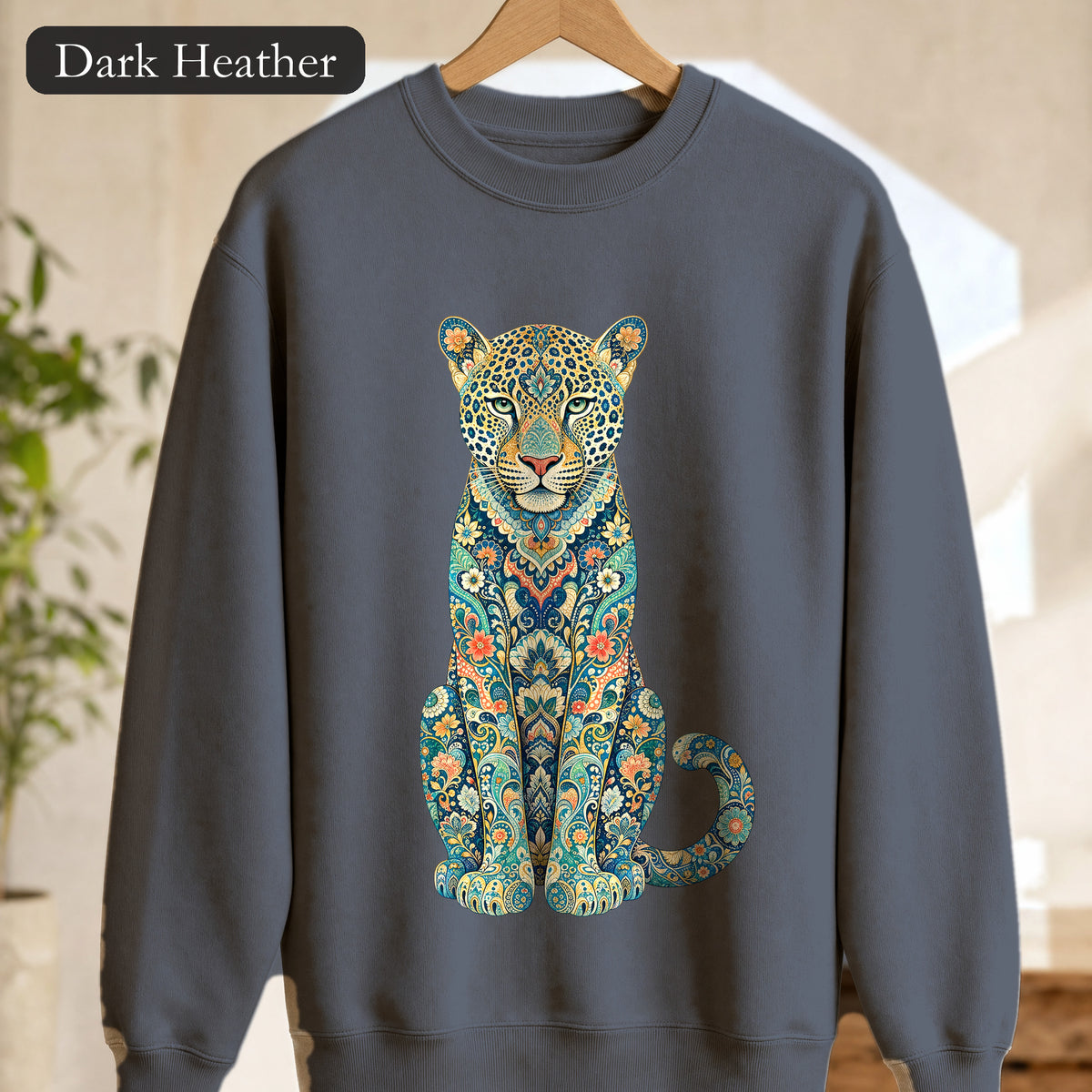 Boho Leopard Shirt, Folk Art Leopard Tee, Japanese Pattern Big Cat Lover Gift, Vintage Floral Leopard Sweatshirt