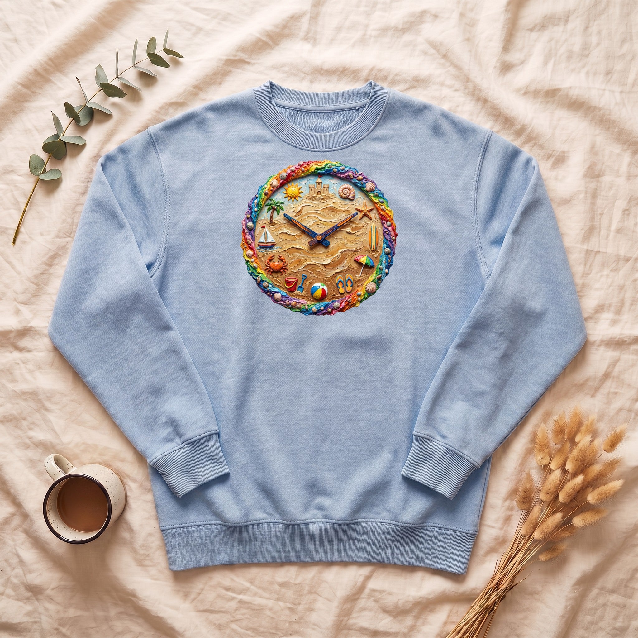 Beach Clock Shirt, Dreamy Coastal Art Tee, Surreal Beach Lover Gift, Summer Ocean Sweatshirt