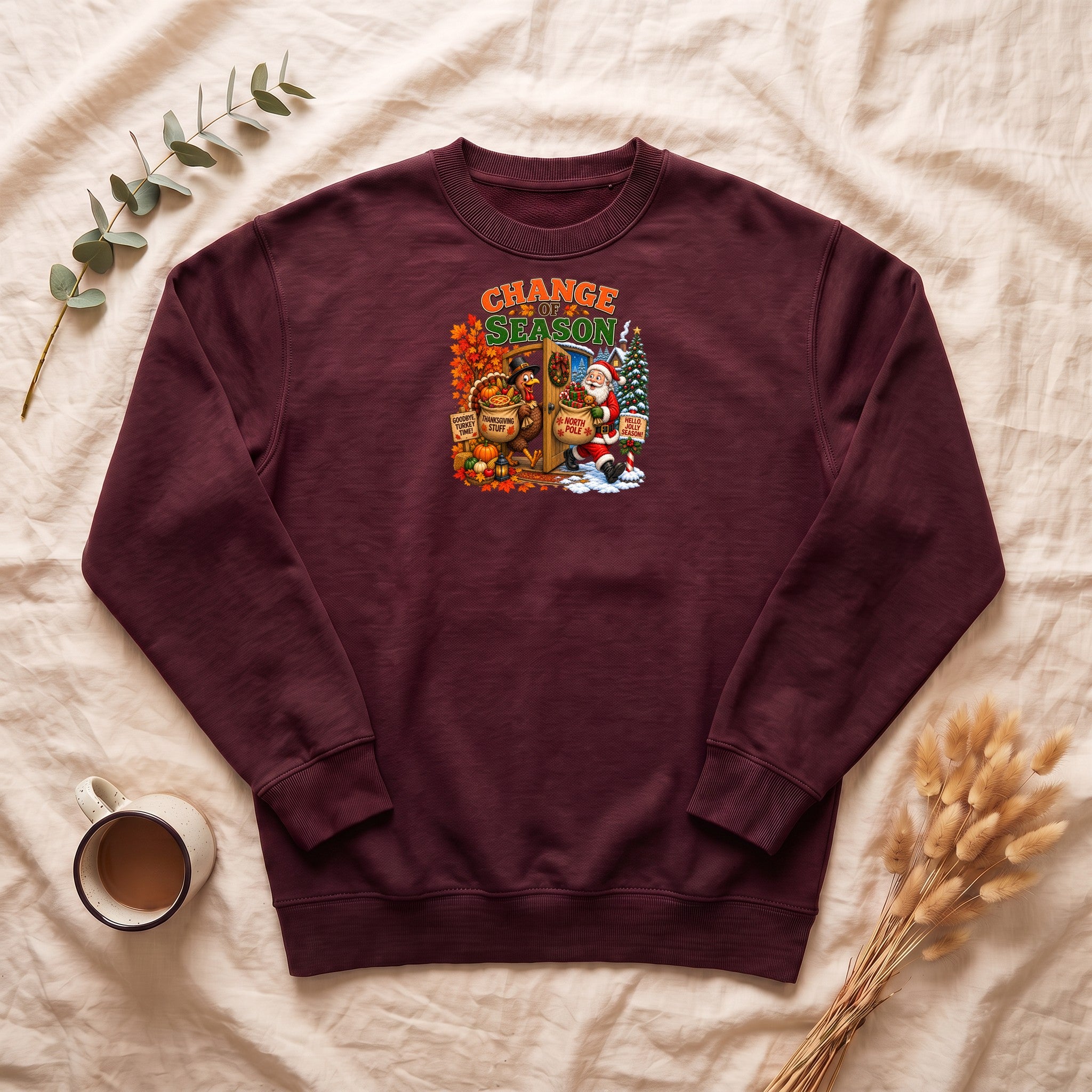 Change of Season Sweatshirt | Fall to Winter Holiday Pumpkin Santa Design