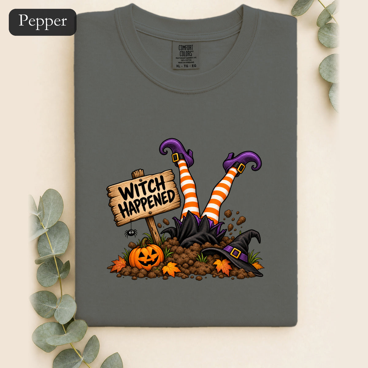 Witch Happened legs up in graveyard Shirt | Halloween witch pumpkin witch design