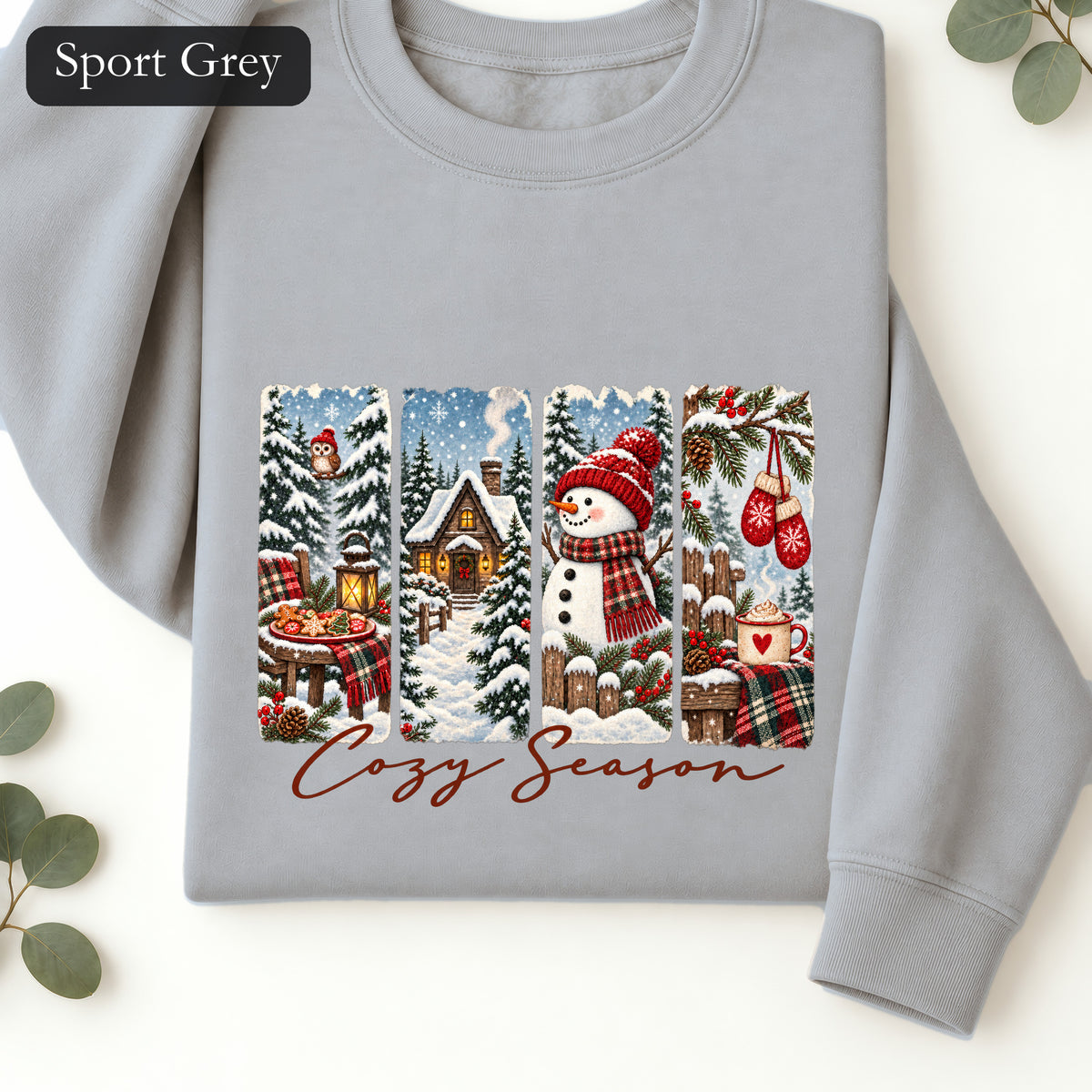 Cozy Winter Scenes Crewneck | Snowman Cabin Holiday Sweatshirt