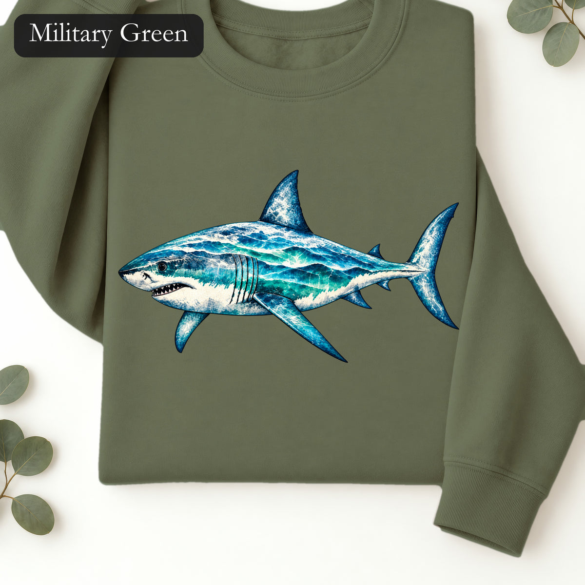Blue Shark Illustration Sweatshirt | Ocean Marine Art Crewneck