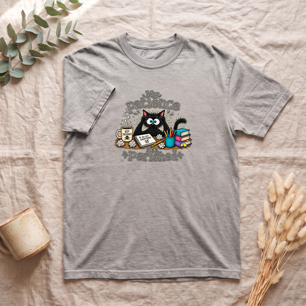 My Patience Has Perished cat shirt | Cute grumpy cat illustration, coffee and books