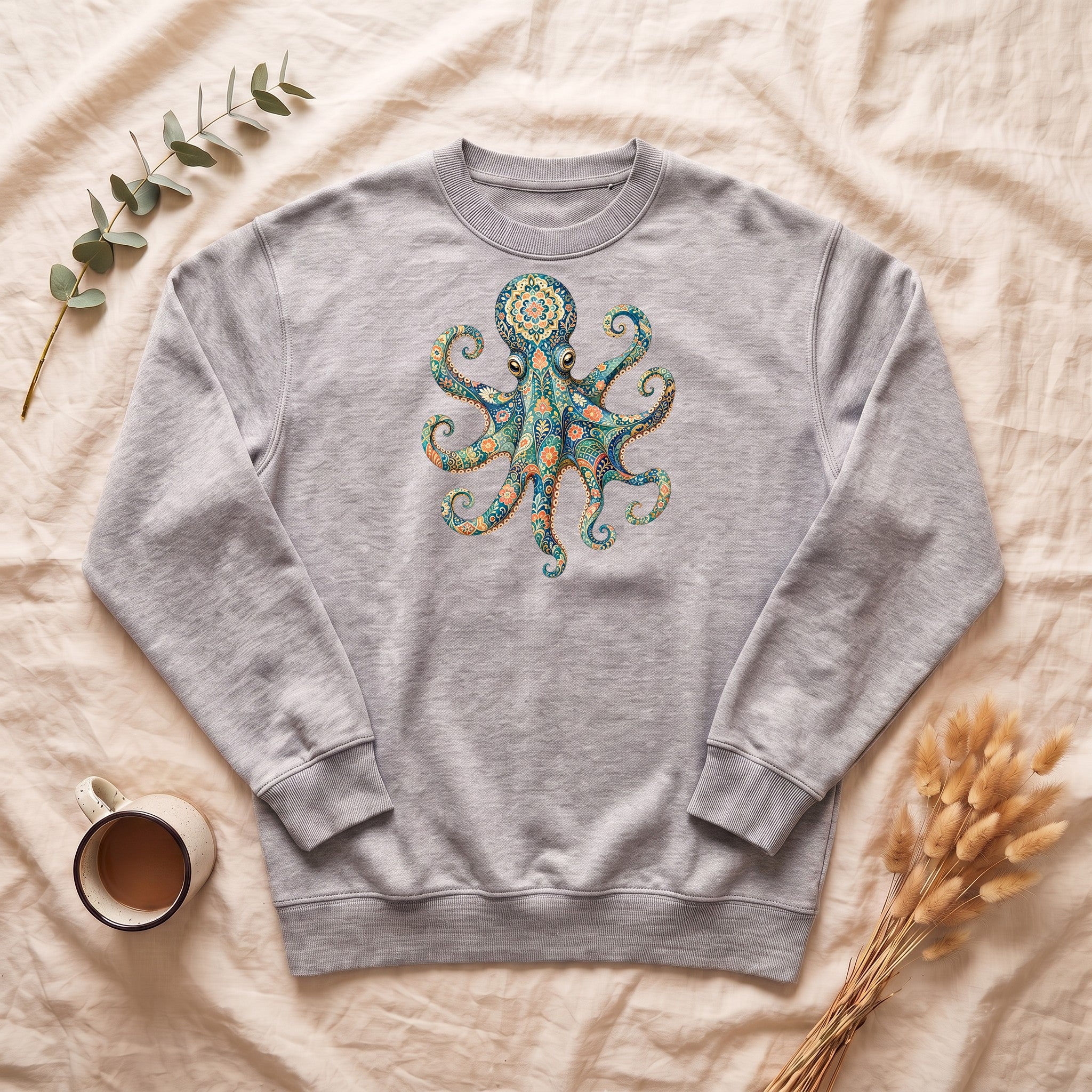 Boho Octopus Shirt, Folk Art Octopus Tee, Japanese Pattern Ocean Lover Gift, Vintage Floral Octopus Sweatshirt