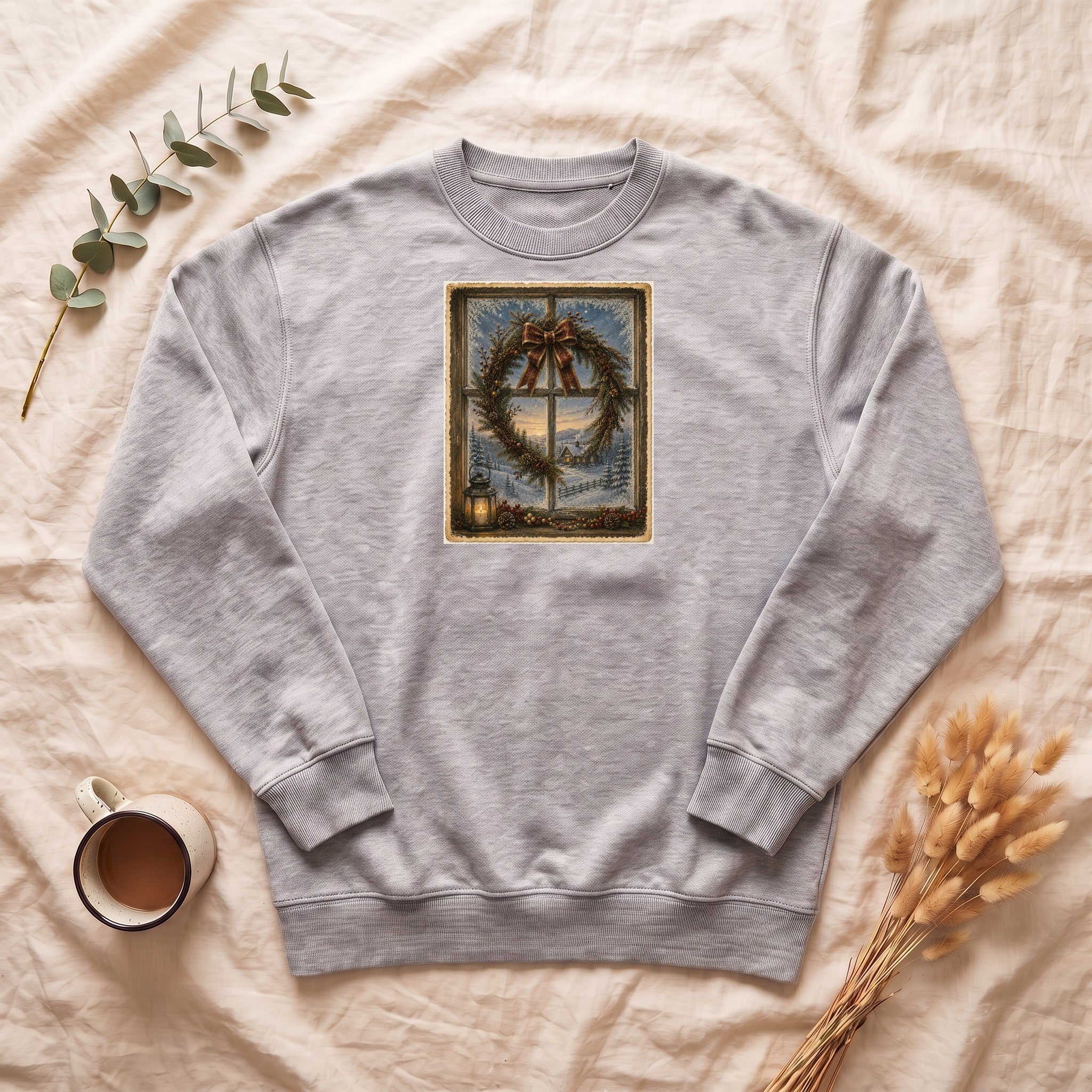 Winter Wreath Window Scene Sweatshirt | Vintage Holiday Postcard