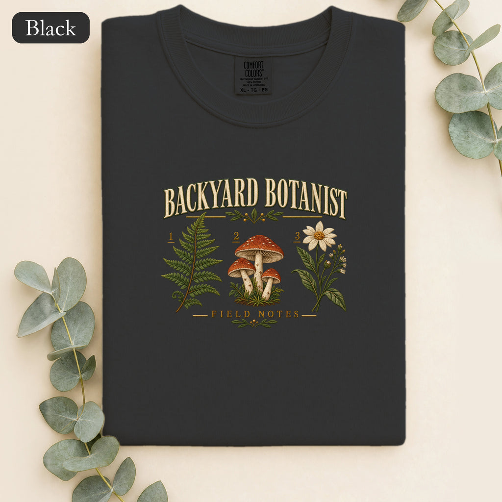 Backyard Botanist Field Notes Mushroom and Wildflower Shirt | Faux Embroidery