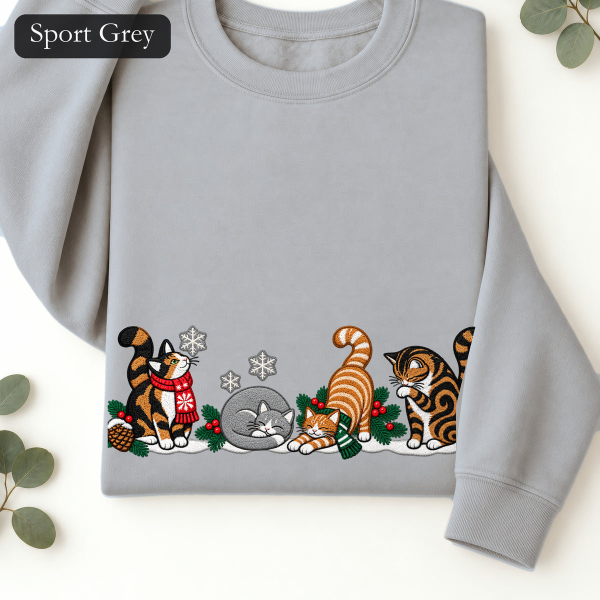Embroidered Winter Cats Crewneck Sweatshirt | Cozy Christmas Cat Lineup in Scarves, Cat Lover Holiday Gift