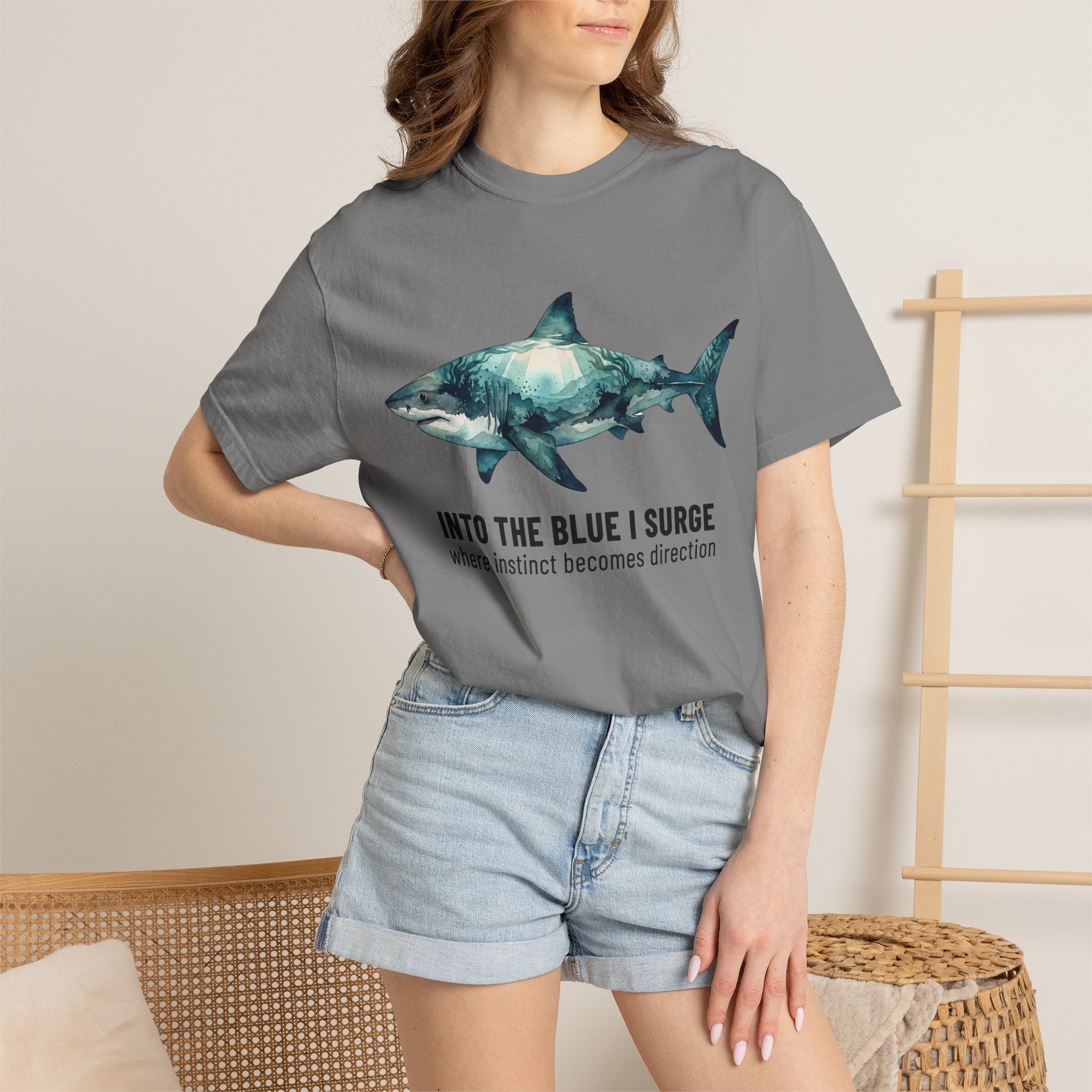 Shark Graphic Tee — "Into the Blue I Surge" Ocean Adventure T-Shirt