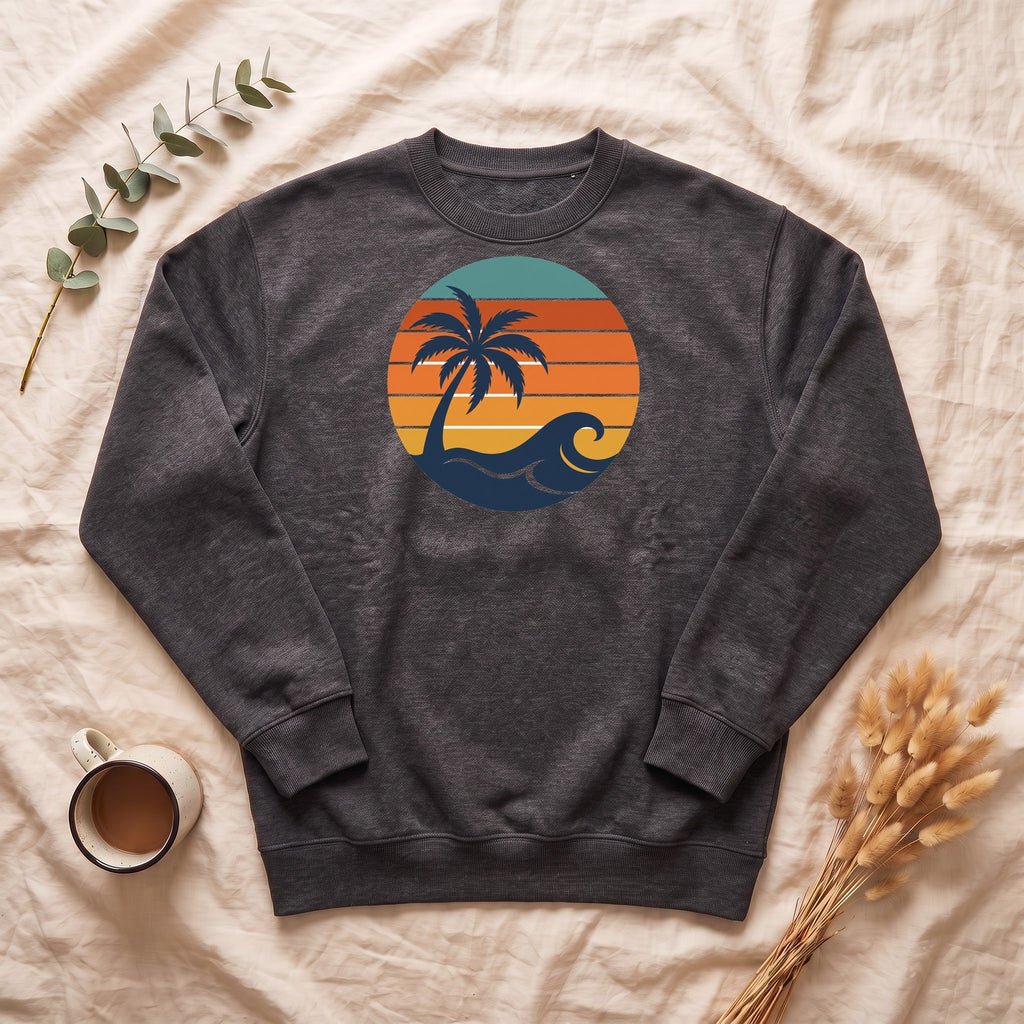 Retro Sunset Beach Shirt, Vintage Palm Tee, Ocean Surf Gift, 70s Coastal Landscape Sweatshirt