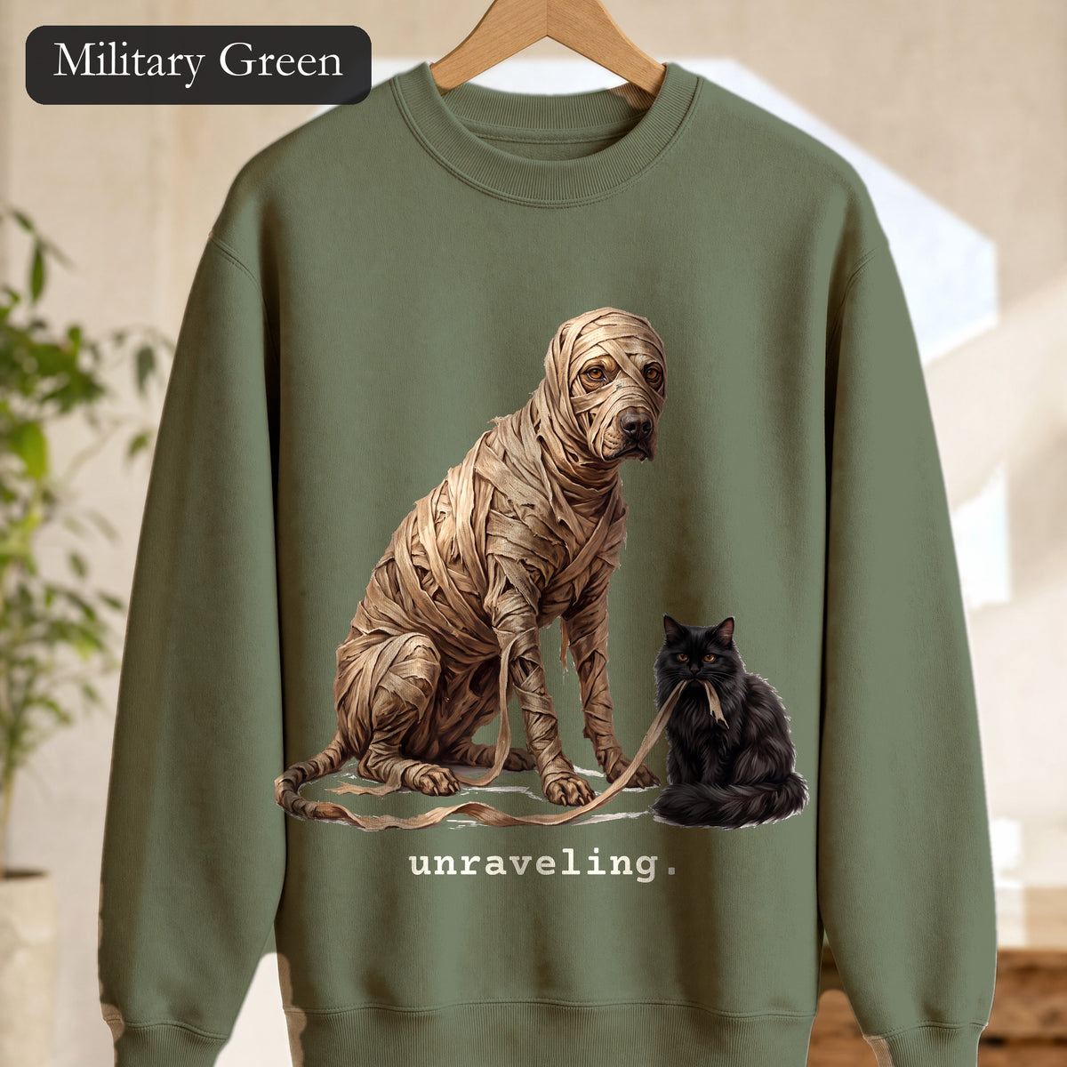 Unraveling Mummy & Cat Sweatshirt, Funny Halloween Mummy Crewneck, Cozy Deadpan Spooky Sweatshirt, Black Cat Lover Gift