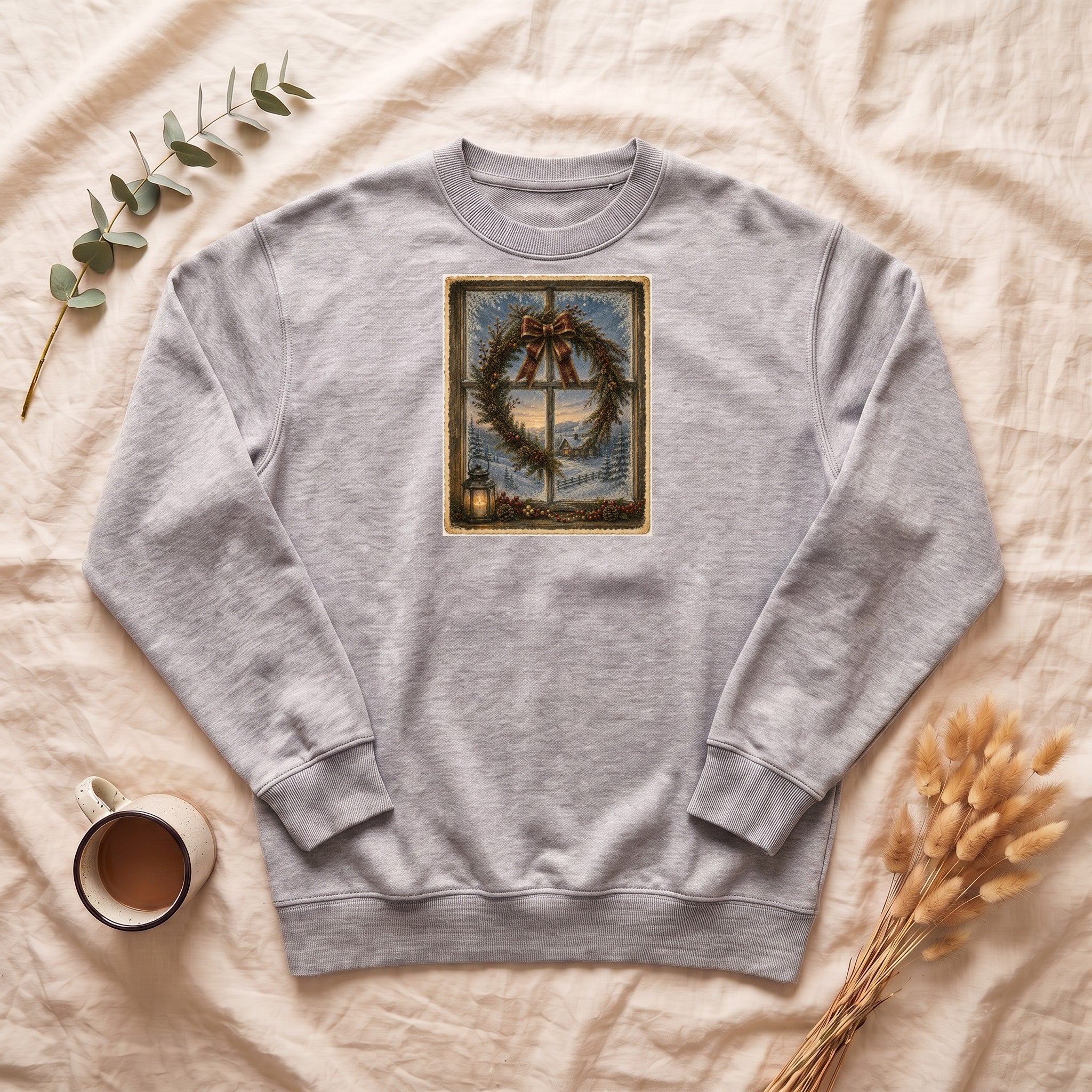 Winter Wreath Window Crewneck Sweatshirt | Vintage Christmas Scene